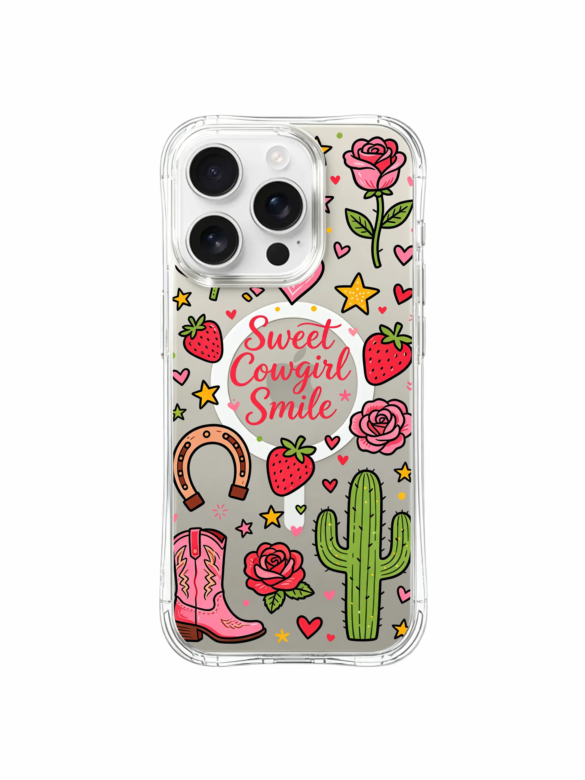 PhoneCasing iPhone 16 pro max scratch-proof case with colorful cowgirl-themed doodles, hearts, cactus and roses in a whimsical sweet aesthetic.