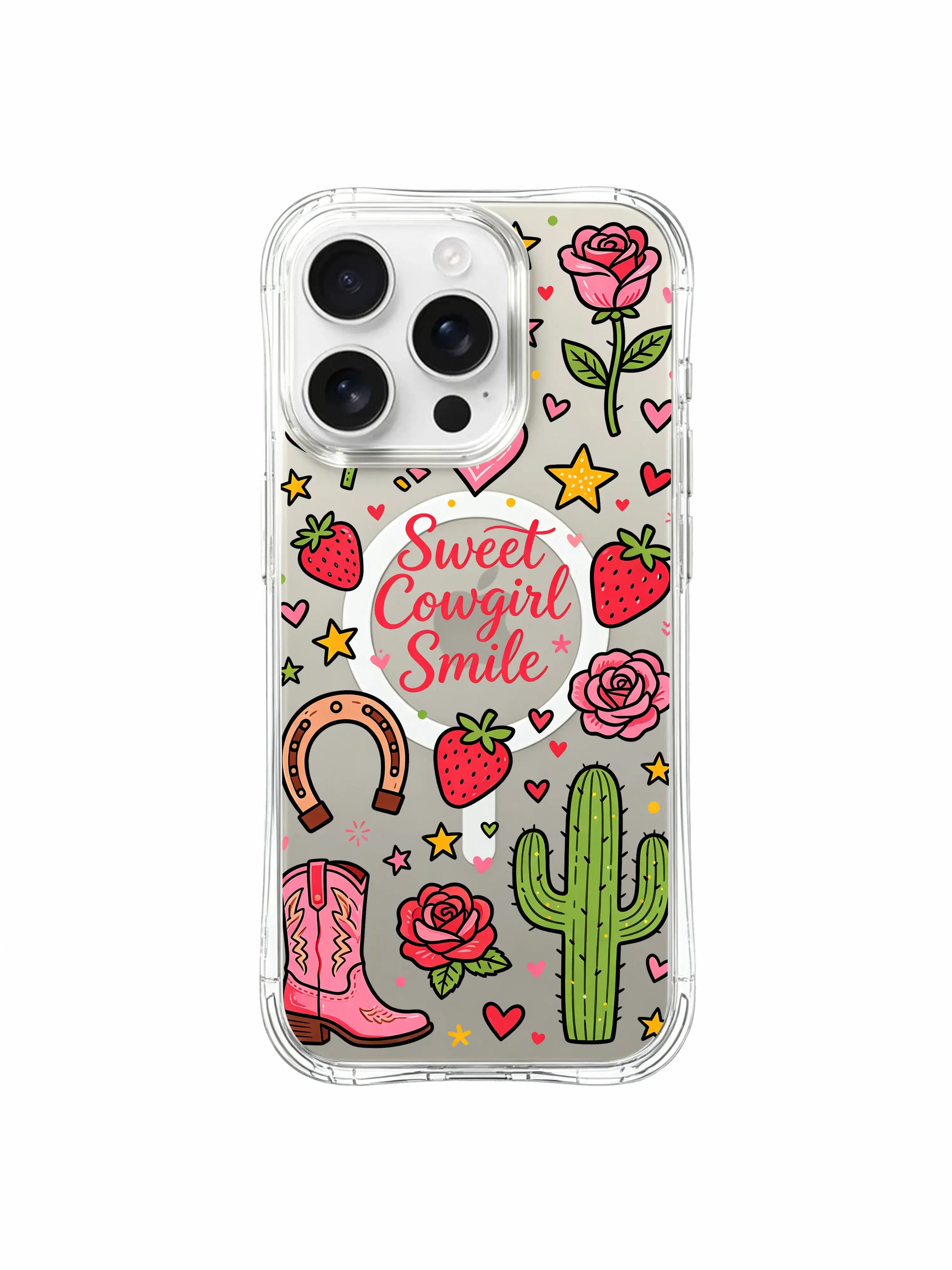 PhoneCasing iPhone 16 pro max non-slip grip case with floral accents, cowboy boots, strawberries and hearts in a cute sweet cowgirl-themed design.