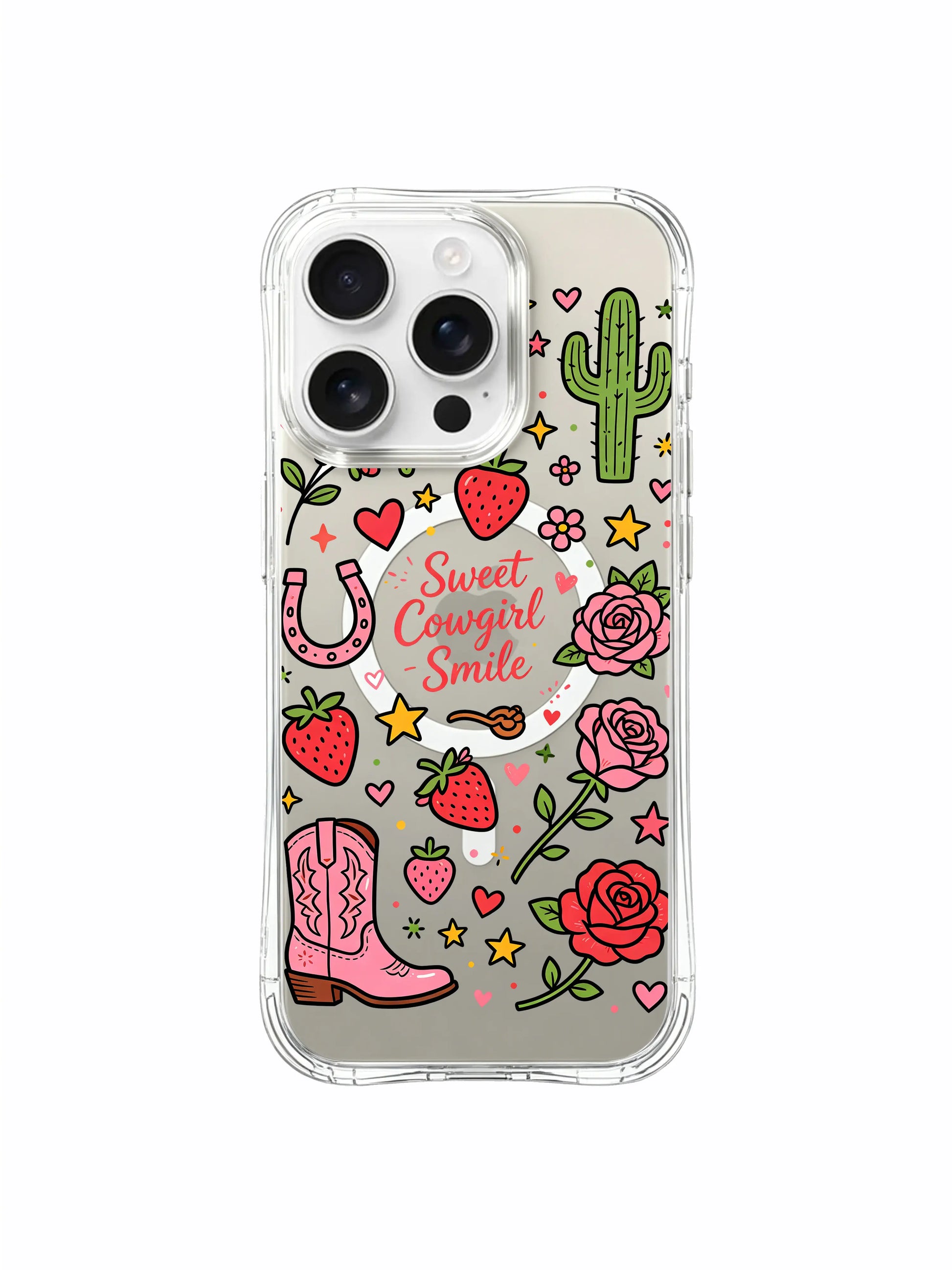 PhoneCasing iPhone 16 pro max reinforced-corner case with complete Sweet Cowgirl Smile collage of cowboy boots, strawberries, roses, cactus and stars.
