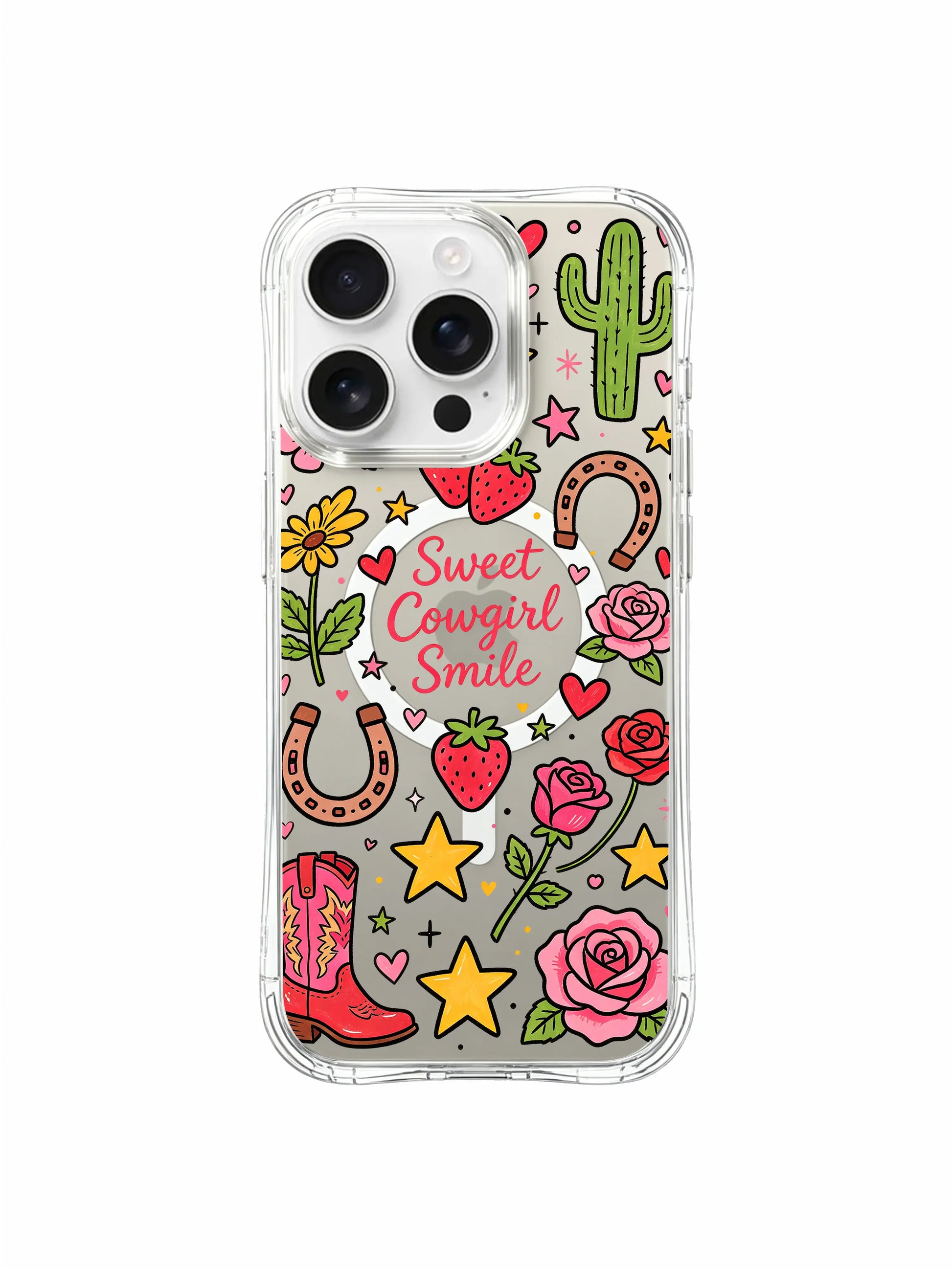 PhoneCasing iPhone 16 pro max daily drop-protective case with heart and star accents, cowboy boots, roses and cactus in the Sweet Cowgirl Smile doodle.