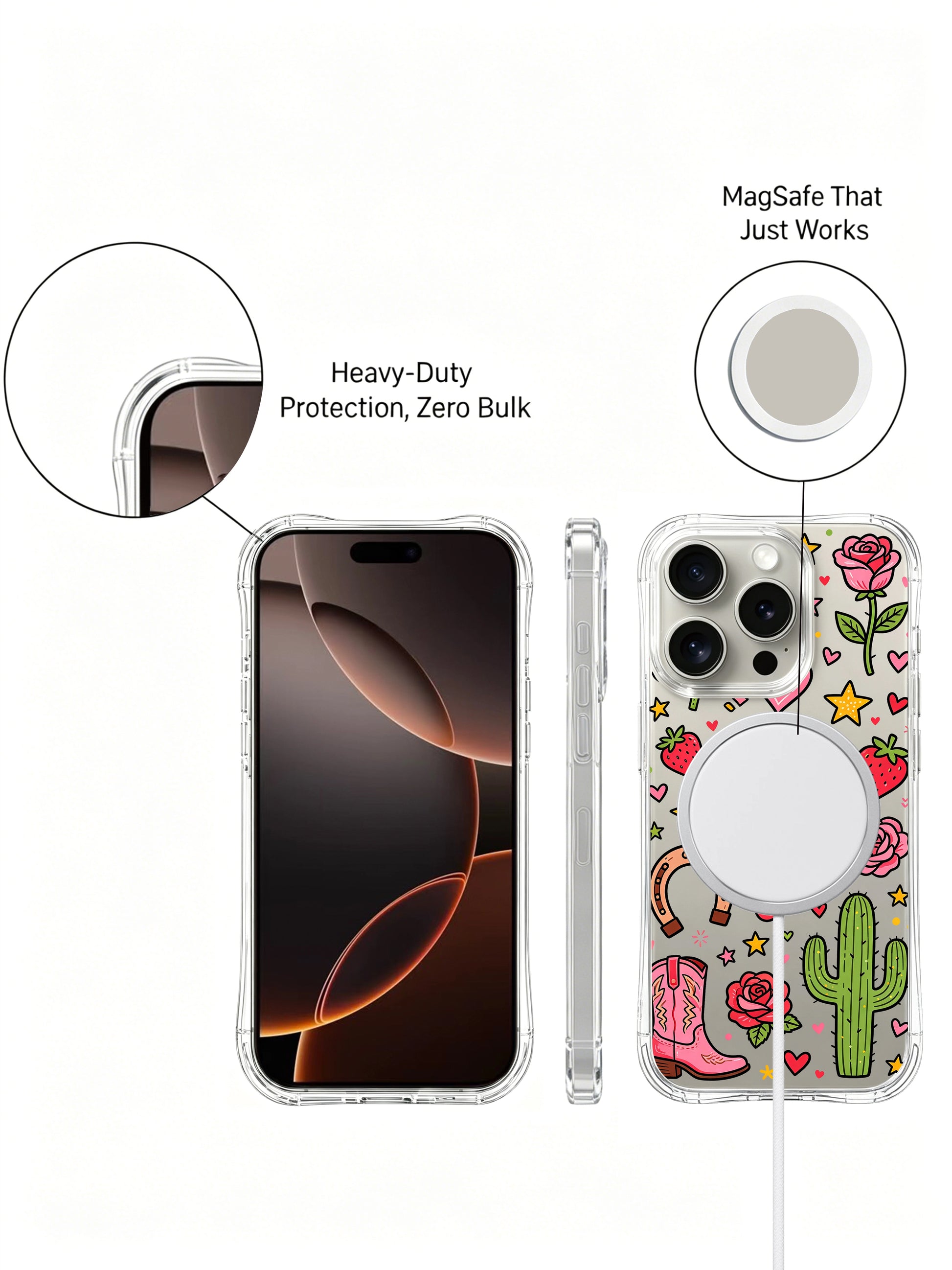 PhoneCasing iPhone 16 pro max slim ergonomic case with horseshoes, stars, cactus and roses in a whimsical sweet cowgirl style.