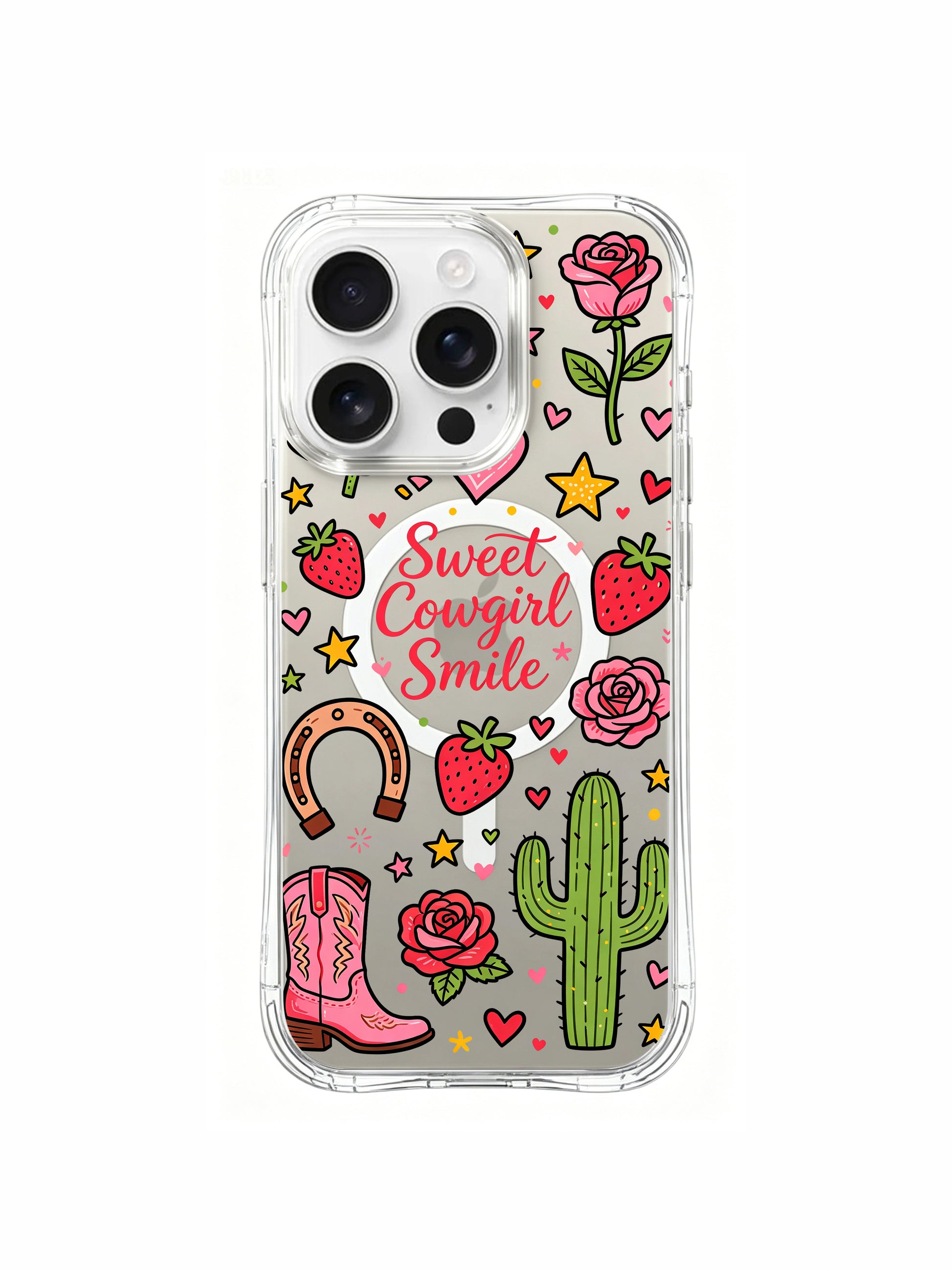 PhoneCasing iPhone 16 pro max MagSafe case with vibrant Sweet Cowgirl Smile doodles, pink cowboy boots, strawberries, roses and cactus motifs for a playful western vibe.