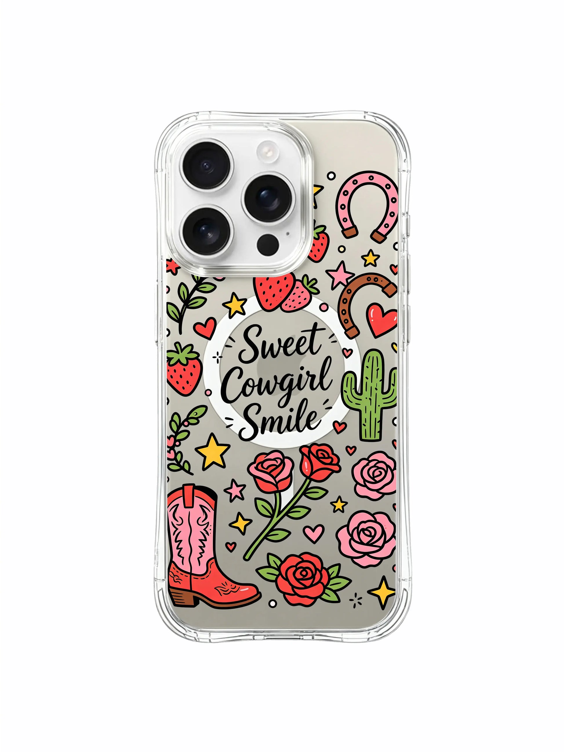 PhoneCasing iPhone 16 pro max MagSafe compatible case with the iconic Sweet Cowgirl Smile logo, cowboy boots and western-themed doodles.