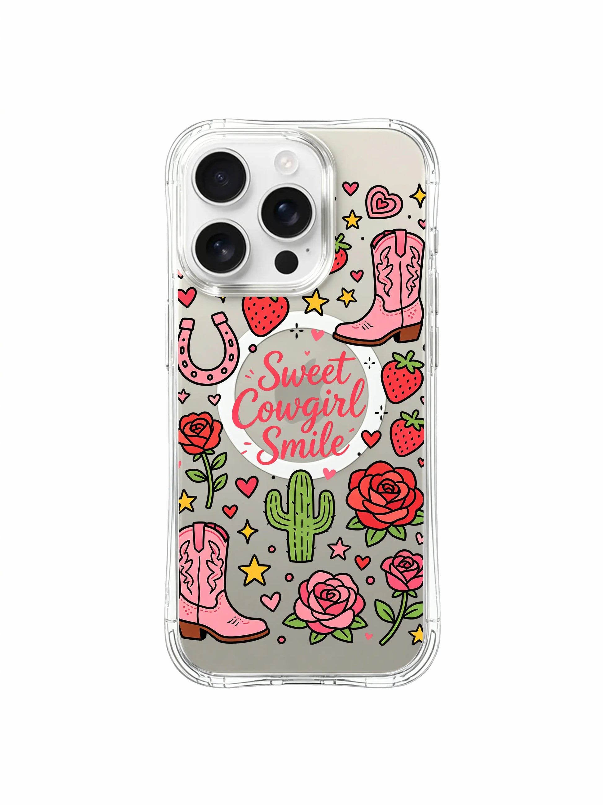 PhoneCasing iPhone 16 pro max transparent MagSafe case with pastel western-themed art, cowboy boots, strawberries and roses in a playful girlish sticker collage.