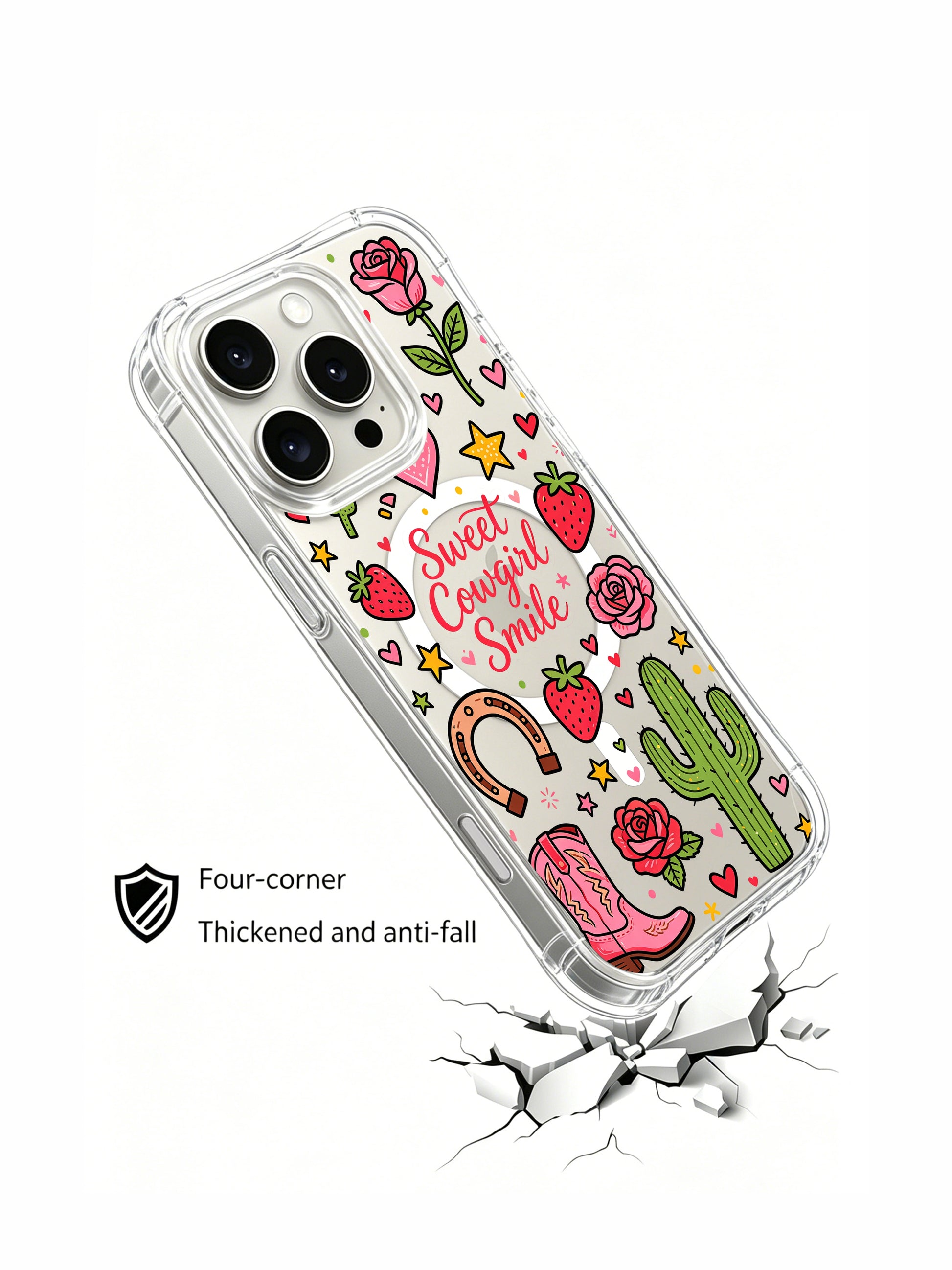 PhoneCasing iPhone 16 pro max drop-proof MagSafe case with pink cowboy boots, strawberries, roses and stars in a cheerful sweet cowgirl-themed doodle.