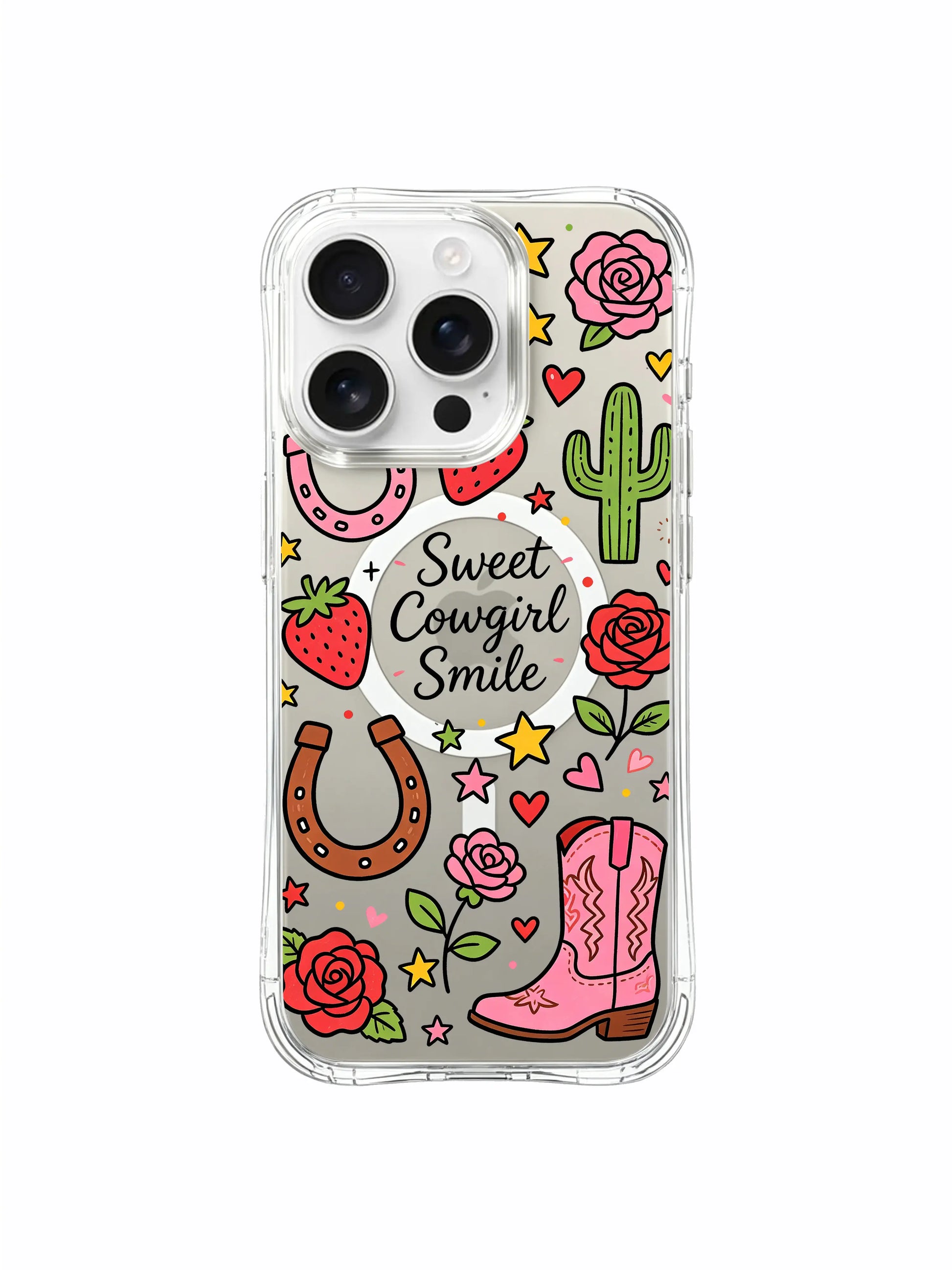 PhoneCasing iPhone 16 pro max long-lasting anti-yellowing case with pink and green cactus, cowboy boots, strawberries and stars in a whimsical style.
