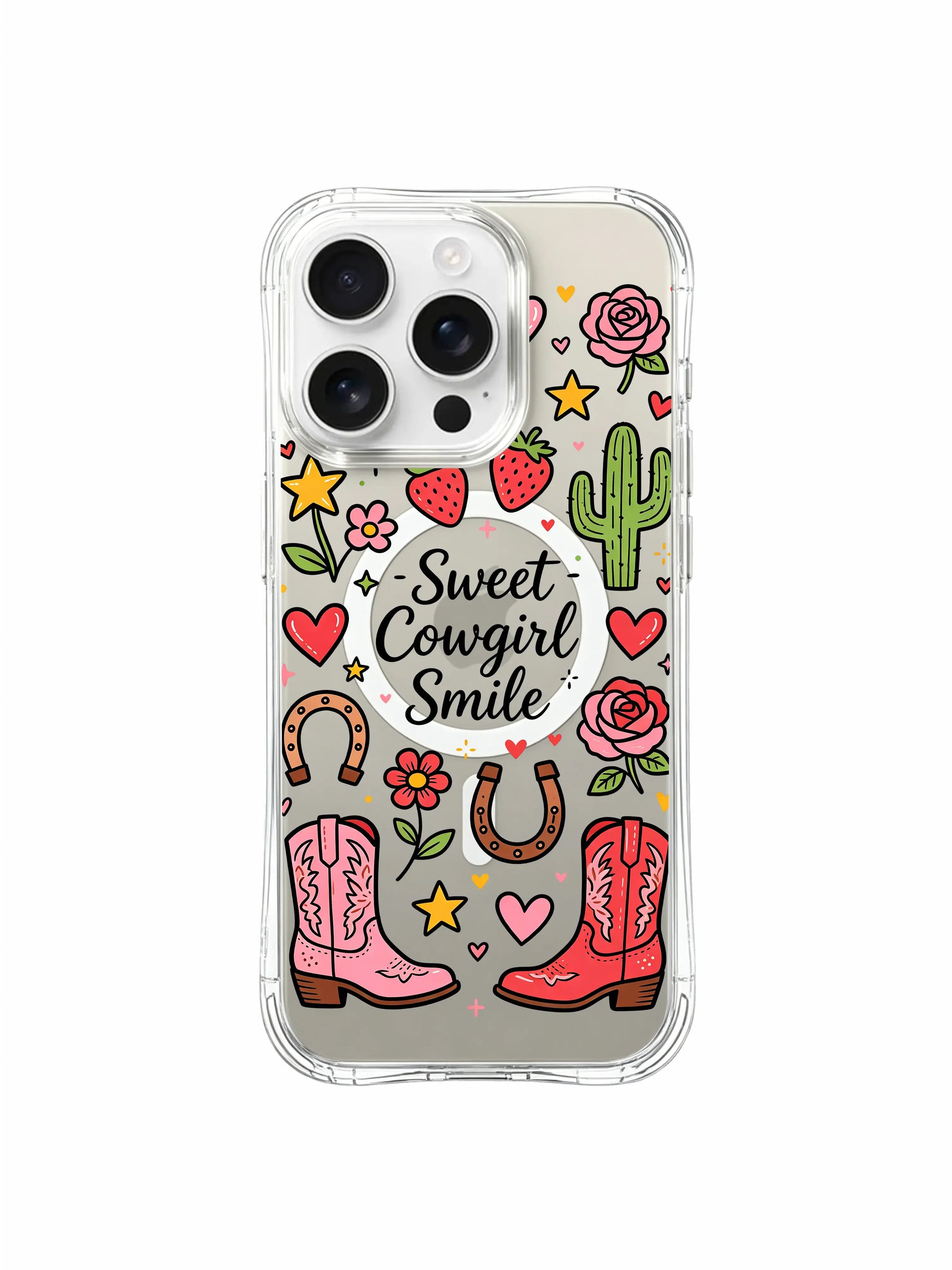 PhoneCasing iPhone 16 pro max heavy-duty protective case with pink roses, cowboy boots, strawberries and cactus in a playful girlish sticker design.