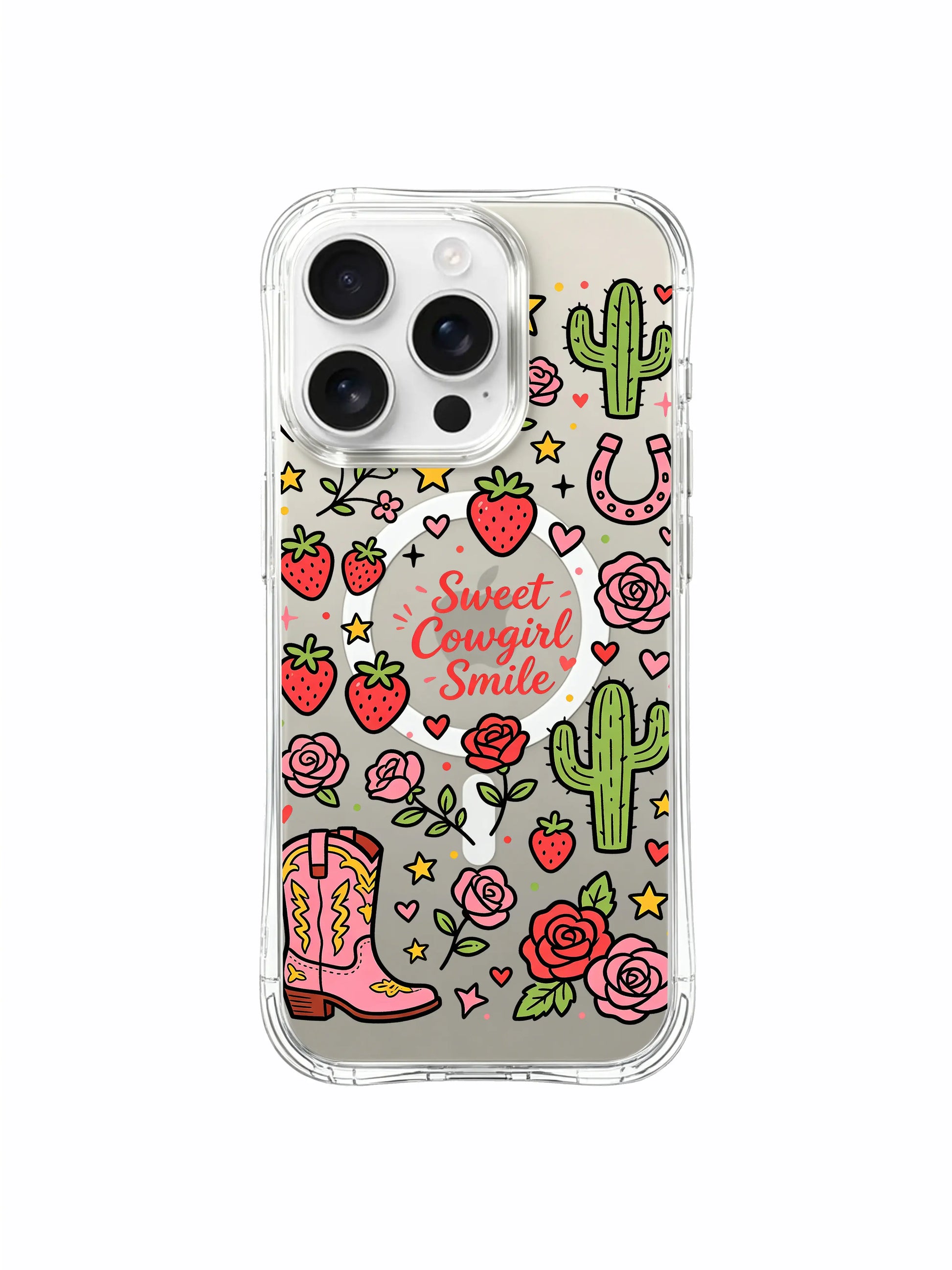 PhoneCasing iPhone 16 pro max gift-ready MagSafe case with playful sweet cowgirl doodles, stars, hearts and roses in the Sweet Cowgirl Smile design.