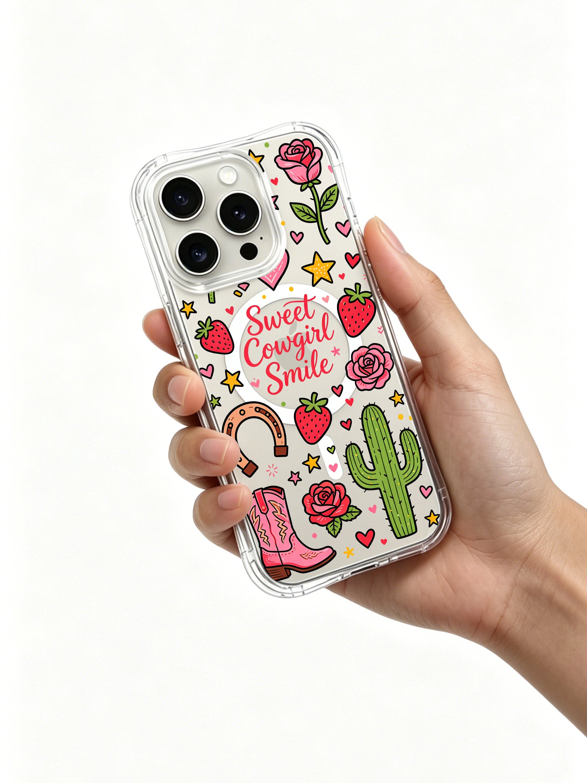 PhoneCasing iPhone 16 pro max transparent case with pink roses, hearts, strawberries and cowboy boot stickers in a cute girlish design.