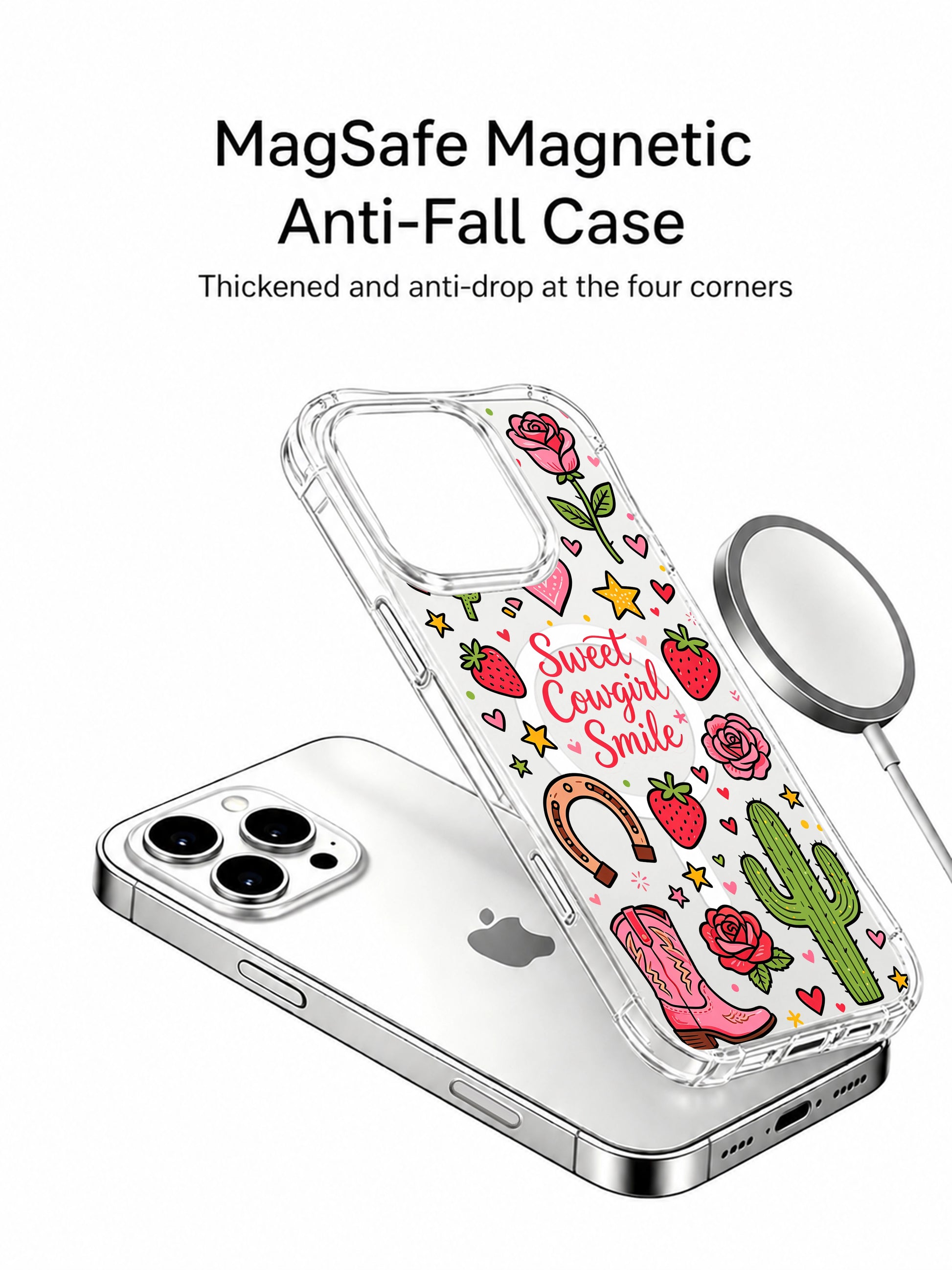 PhoneCasing iPhone 16 pro max anti-yellowing clear case featuring sweet cowgirl art with strawberries, hearts, stars and horseshoes in a cute sticker collage design.