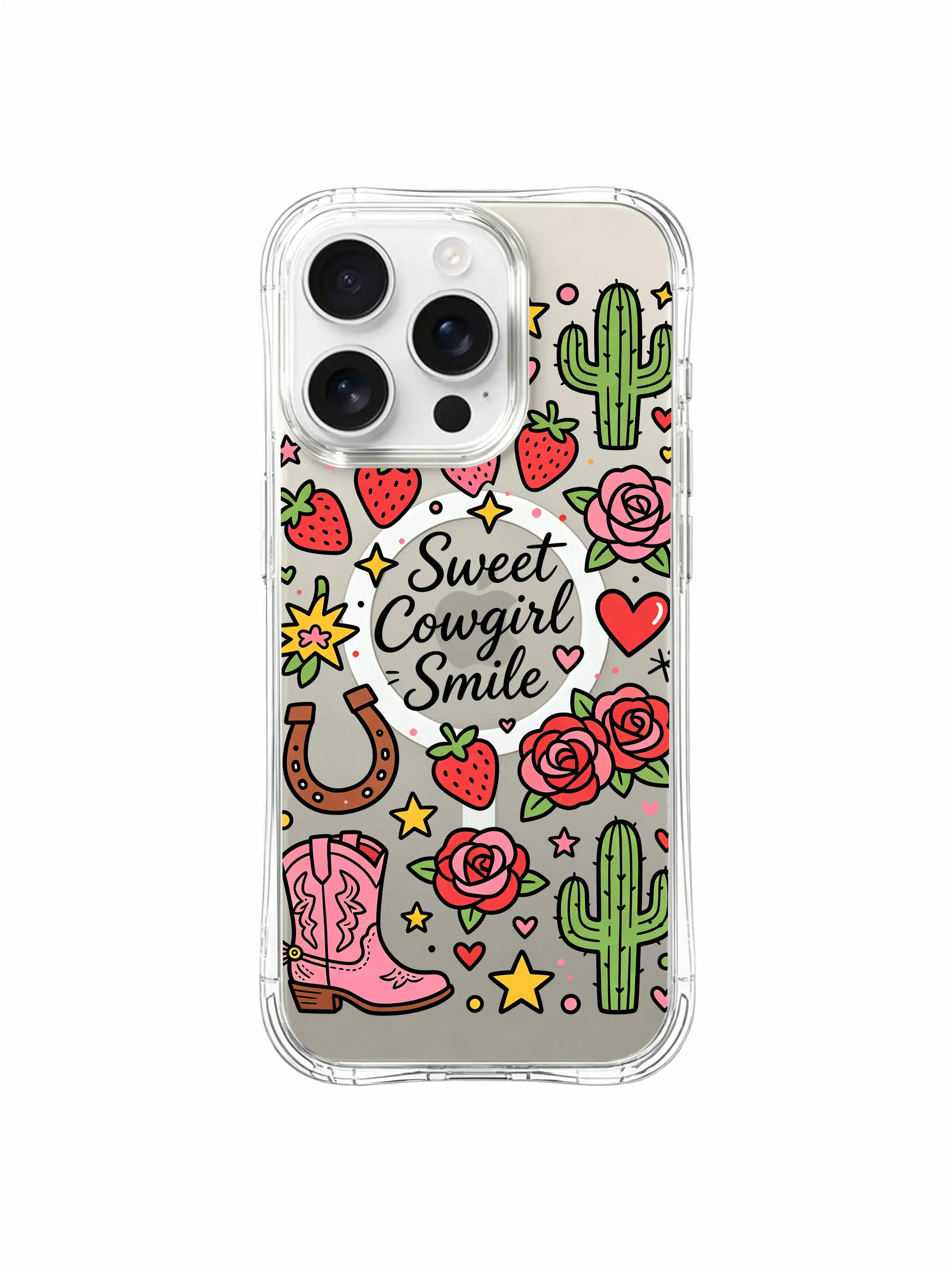 PhoneCasing iPhone 16 pro max whimsical aesthetic case with playful western charm, cowboy boots, roses and strawberries in a fun girlish style.