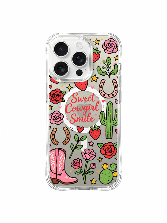 PhoneCasing iPhone 16 pro max all-around protective case with full whimsical collage of cowboy boots, strawberries, roses, cactus and stars for a playful western vibe.