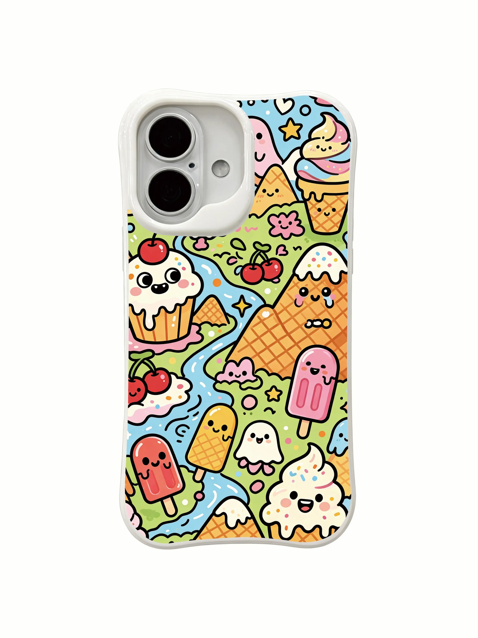 PhoneCasing artist-designed iPhone 16 Plus Case, showcasing Milo Yun’s Ice Cream Valley and its lovely dessert residents celebrating a fun festival