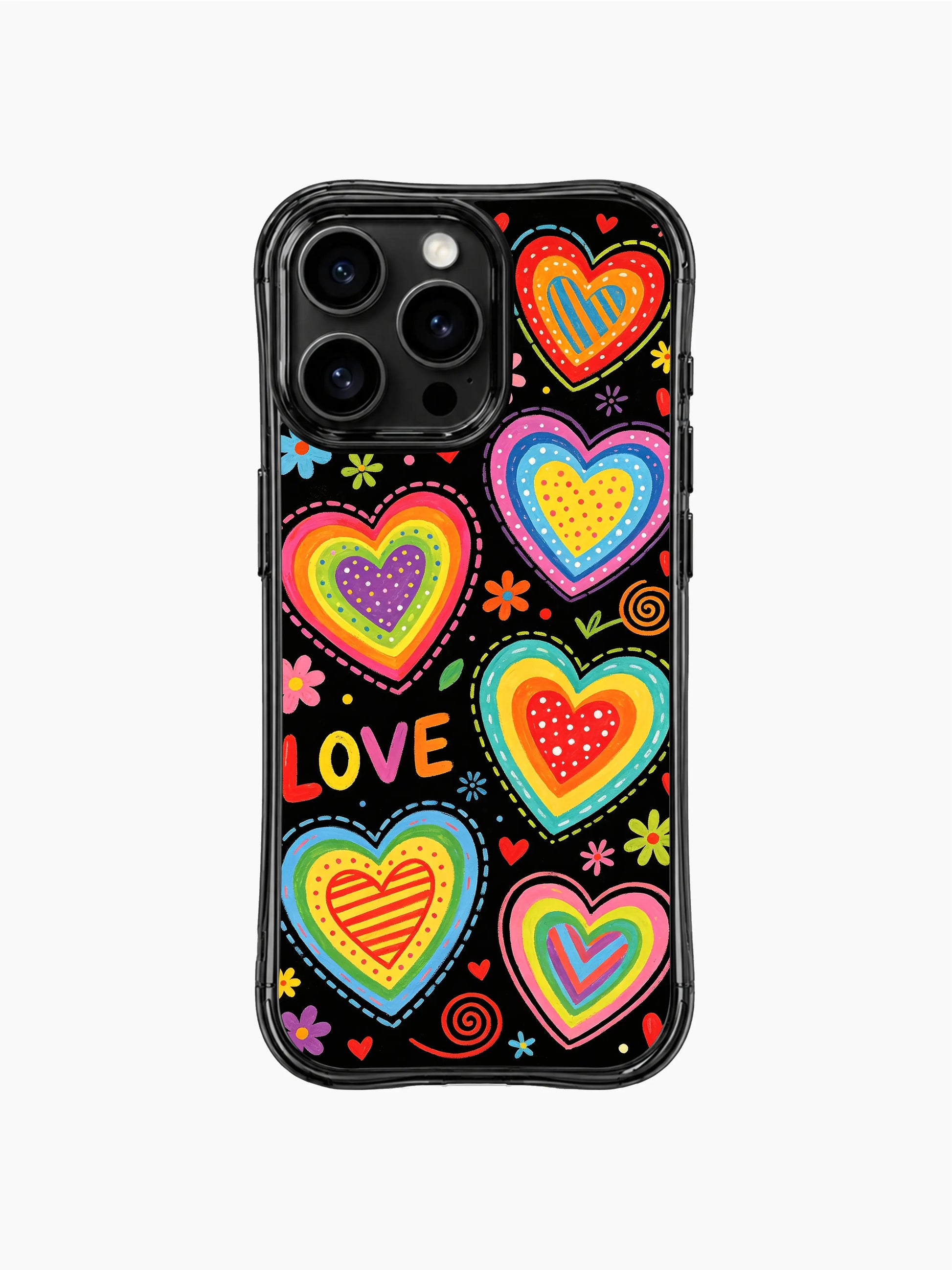 Rainbow Heart Candy Shop PhoneCasing iPhone 13 Pro Max casing, lively repeating candy store doodle print, nested outline hearts with floral swirl and LOVE typography accents