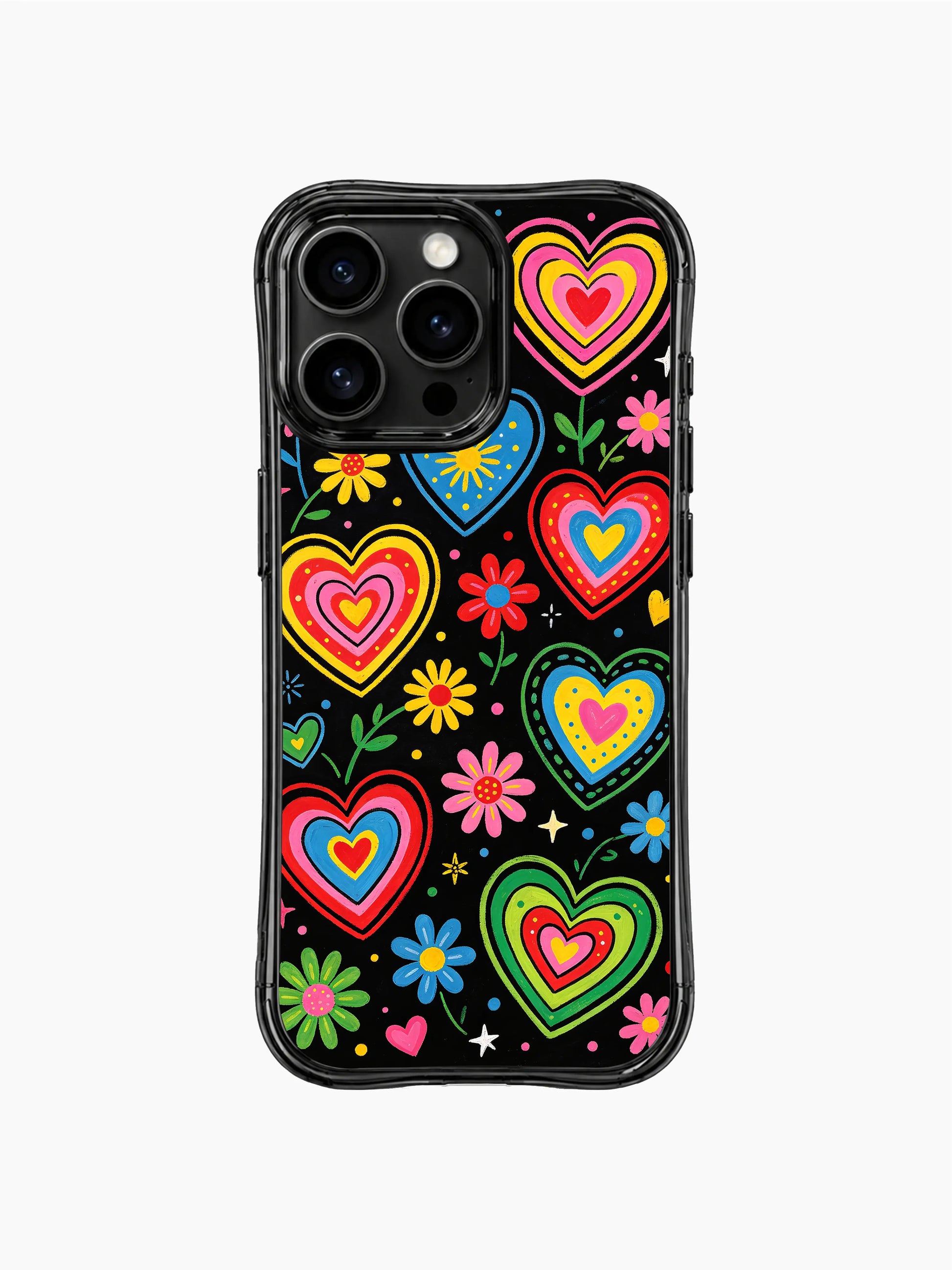 Soft midnight bloom texture PhoneCasing iPhone 13 Pro Max case, all-over cute heart & daisy doodles by Nova Heartwell, perfect birthday & valentine night streetwear casing