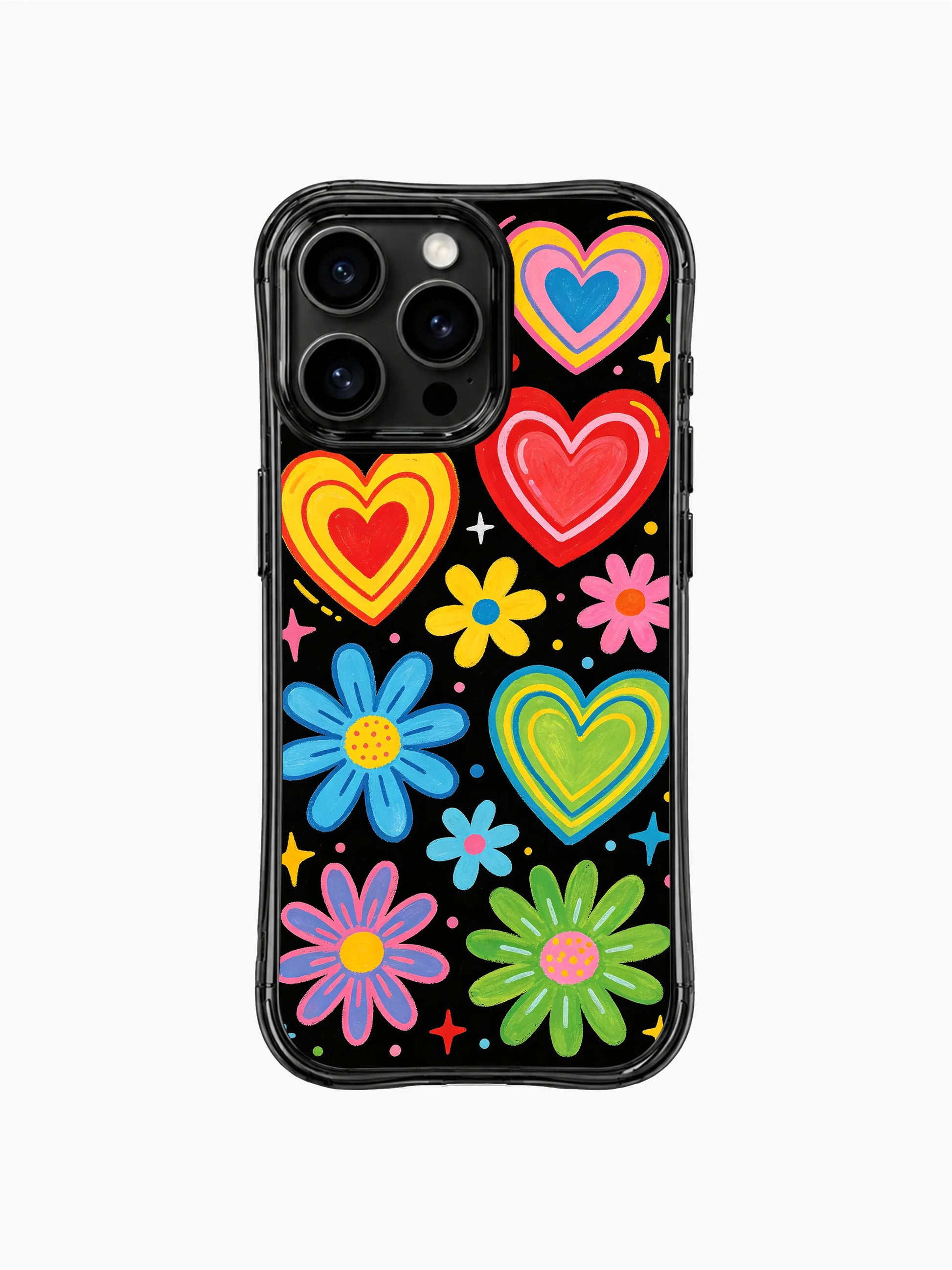 Midnight Heart Bloom PhoneCasing iPhone 13 Pro Max casing, lively repeating midnight bloom floral doodle print, nested neon outline hearts with blooming daisy and tiny star accents