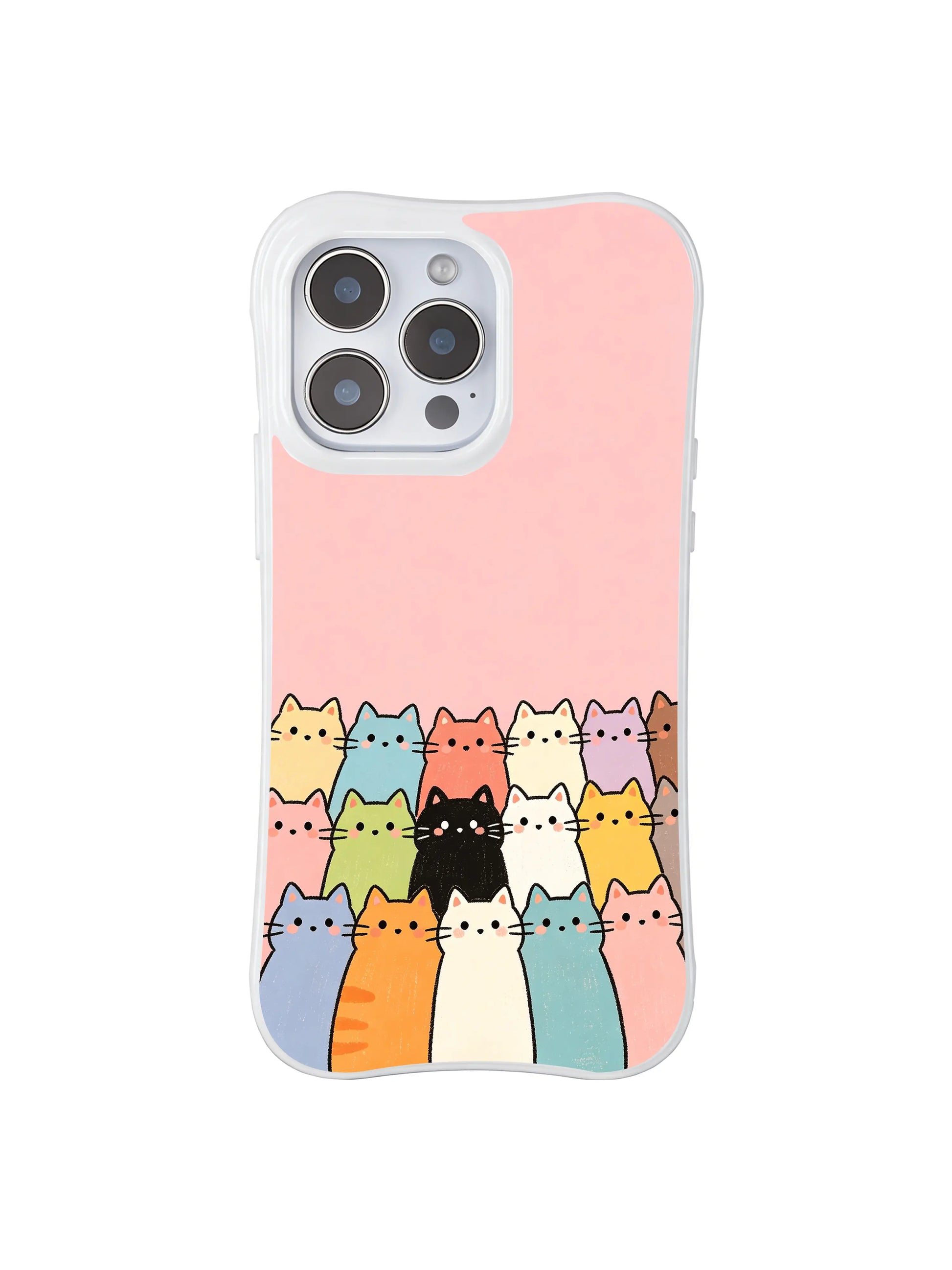 PhoneCasing iPhone 16 Pro Max showcasing Sweet Pink Cat City, cheerful cats in bright colors peeking up from the base, creating a tiny city vibe.