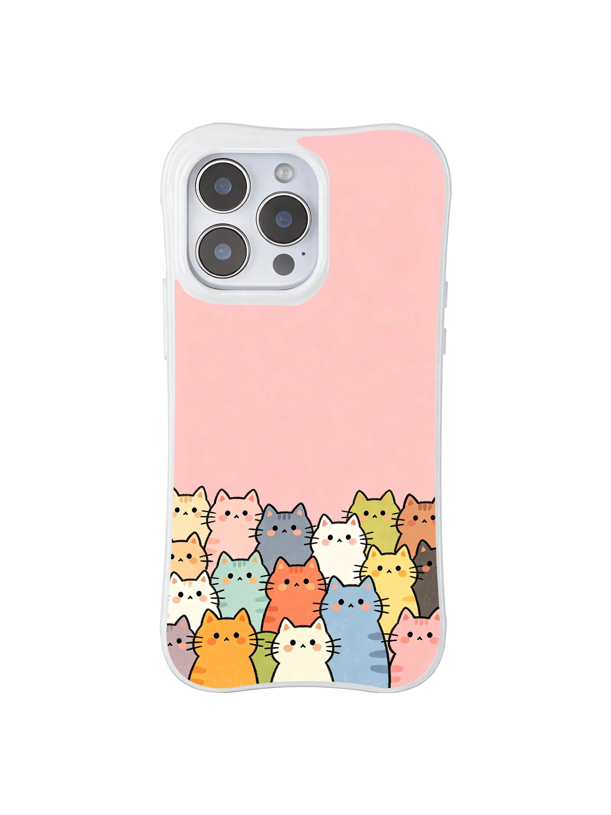 PhoneCasing iPhone 16 Pro Max showcasing Sweet Pink Kitten Gang, cheerful pastel-colored cats looking up from the base of the case.