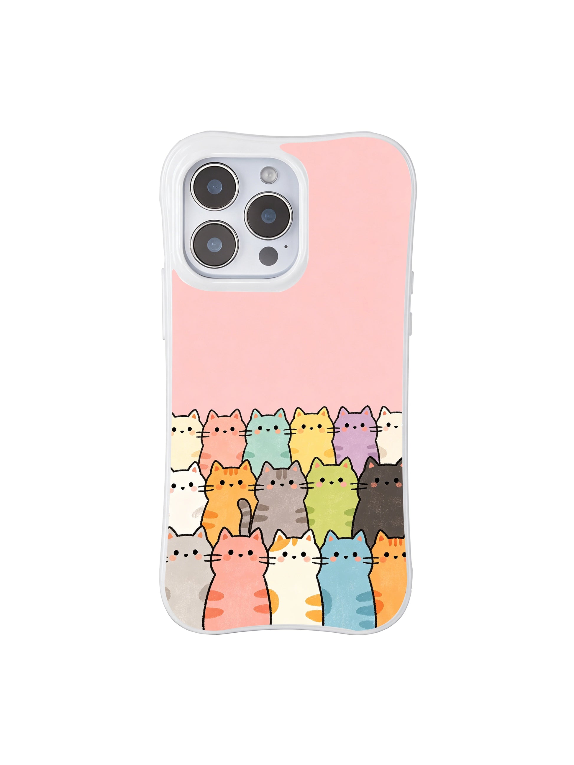 PhoneCasing iPhone 16 Pro Max featuring Sweet Pink Kitten Gathering, cheerful cats in pastel colors looking up from the base of the case.