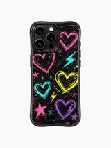 PhoneCasing Sweet Rebel Hearts iPhone 13 Pro Max casing by Nova Heartwell, grunge neon sketch hearts, lightning bolt & star scribble print, edgy y2k rebel love phone shell for iPhone 13 Pro Max