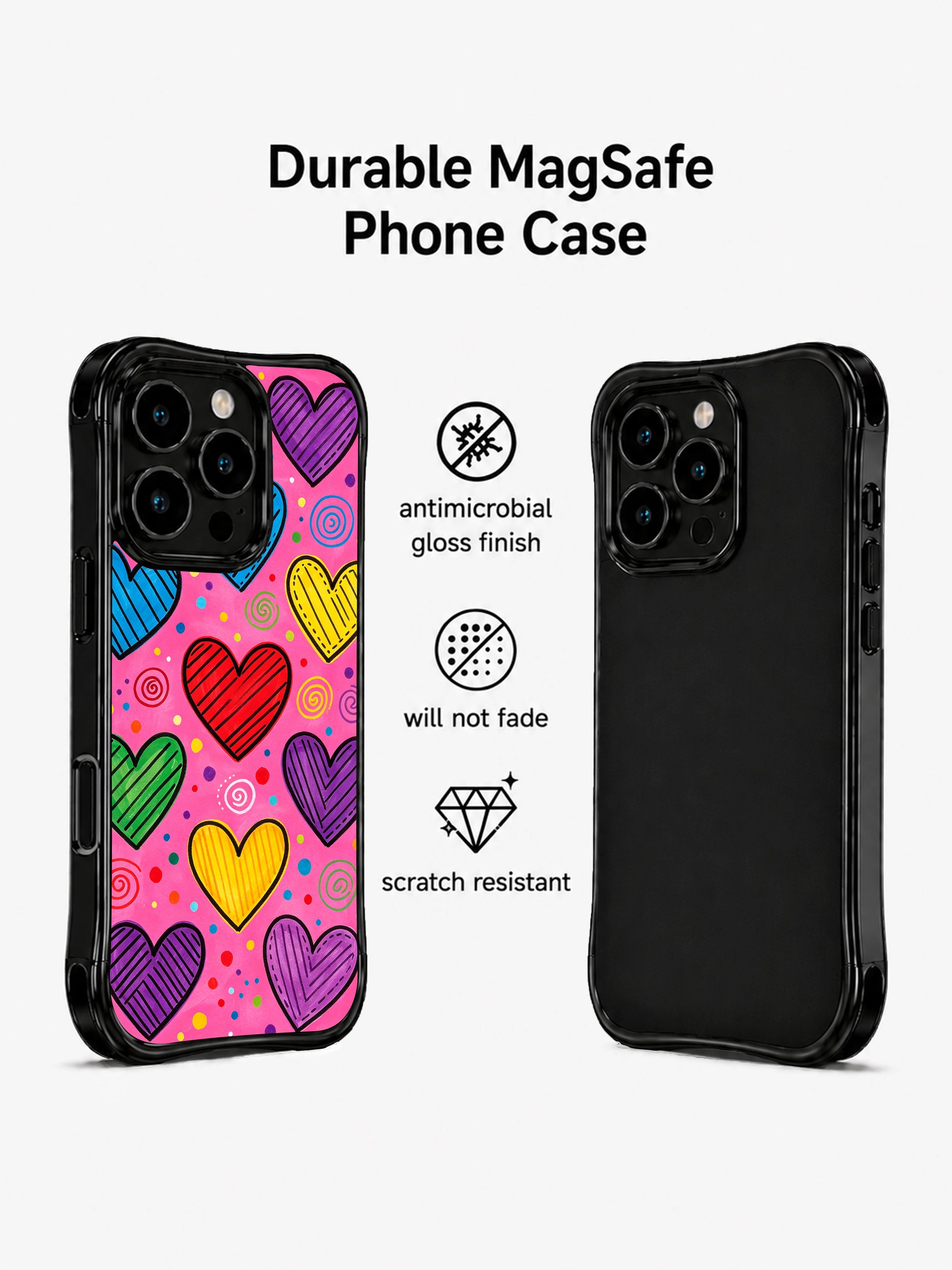 PhoneCasing iPhone 13 Pro Max cover with floating multicolored sketch hearts over bold hot pink canvas, youthful excited love artistic casing.
