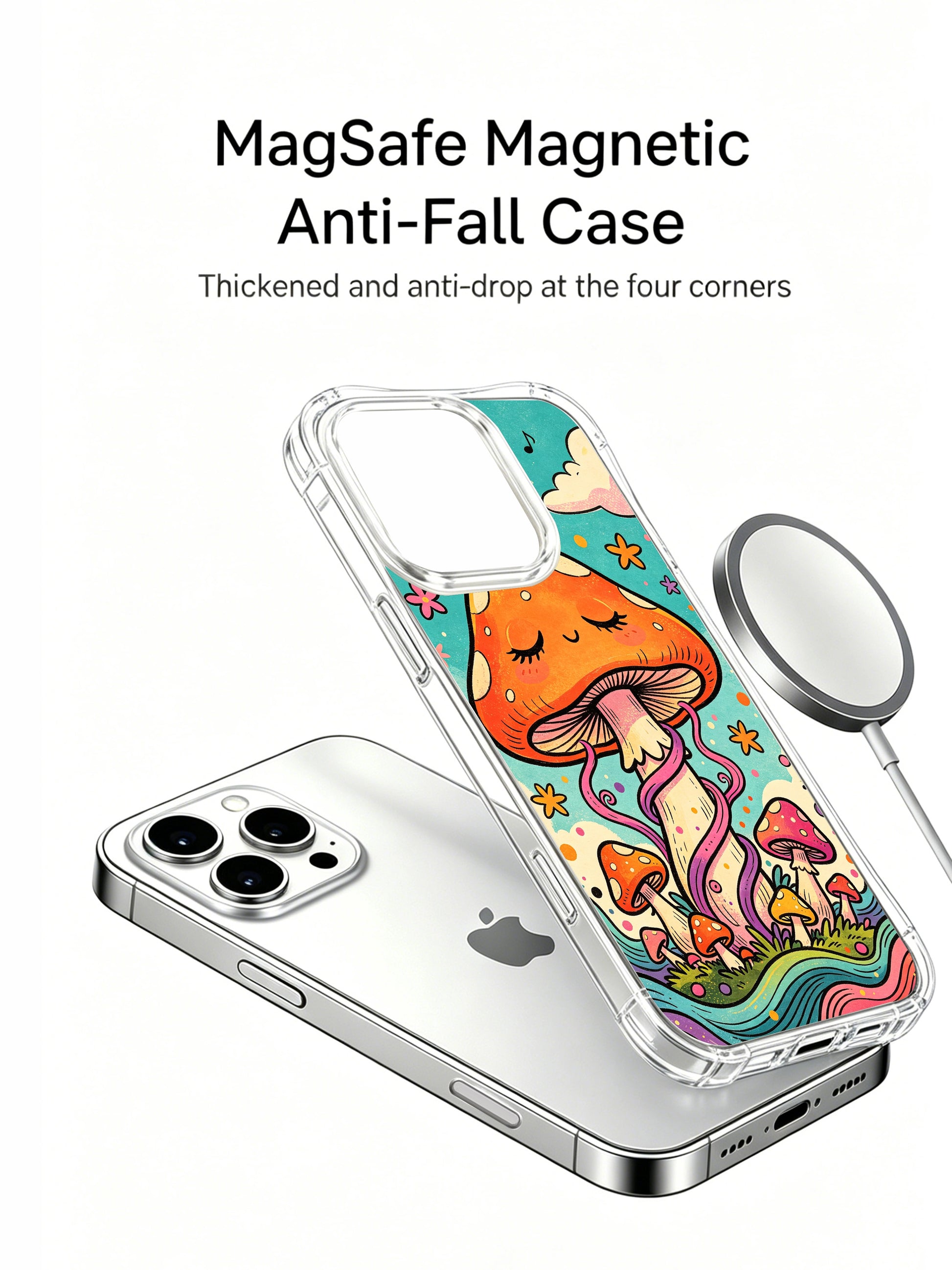 PhoneCasing iPhone 16 pro max Case, premium bespoke illustrated casing with curly purple vine tendrils, wavy rainbow terrain and scattered confetti dots surrounding sleepy orange mushroom cluster, durable USA-manufactured shockproof art phone casing