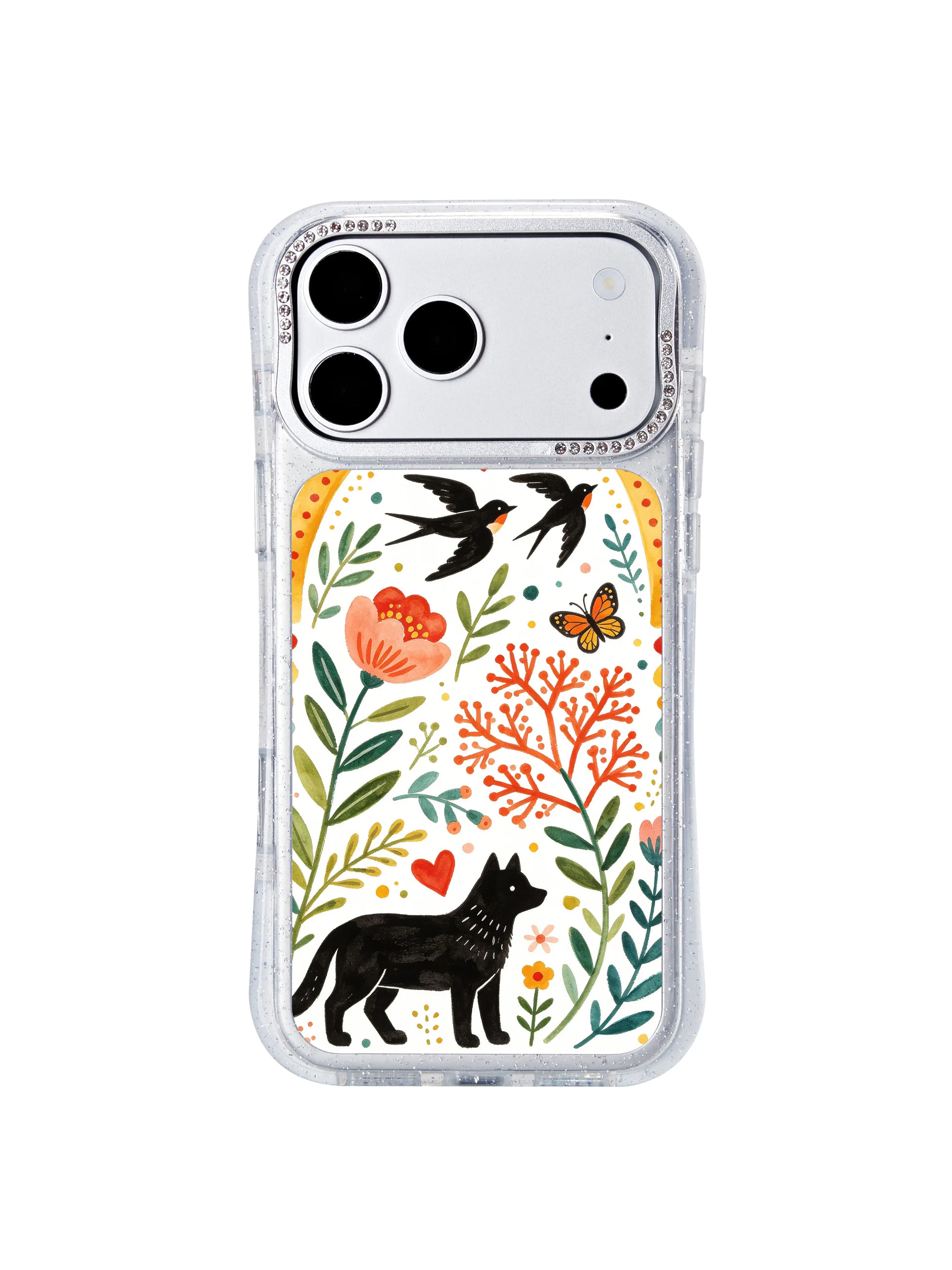 PhoneCasing premium wearable fine art iphone 17 pro Max case with symmetrical foliage flanking rainbow arches, dual dogs and heart accents from Aurelia Finch’s curated folk collection.
