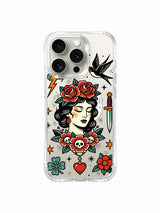 Centered calm woman with symmetric clovers and stars artwork on an iPhone 15 Pro case