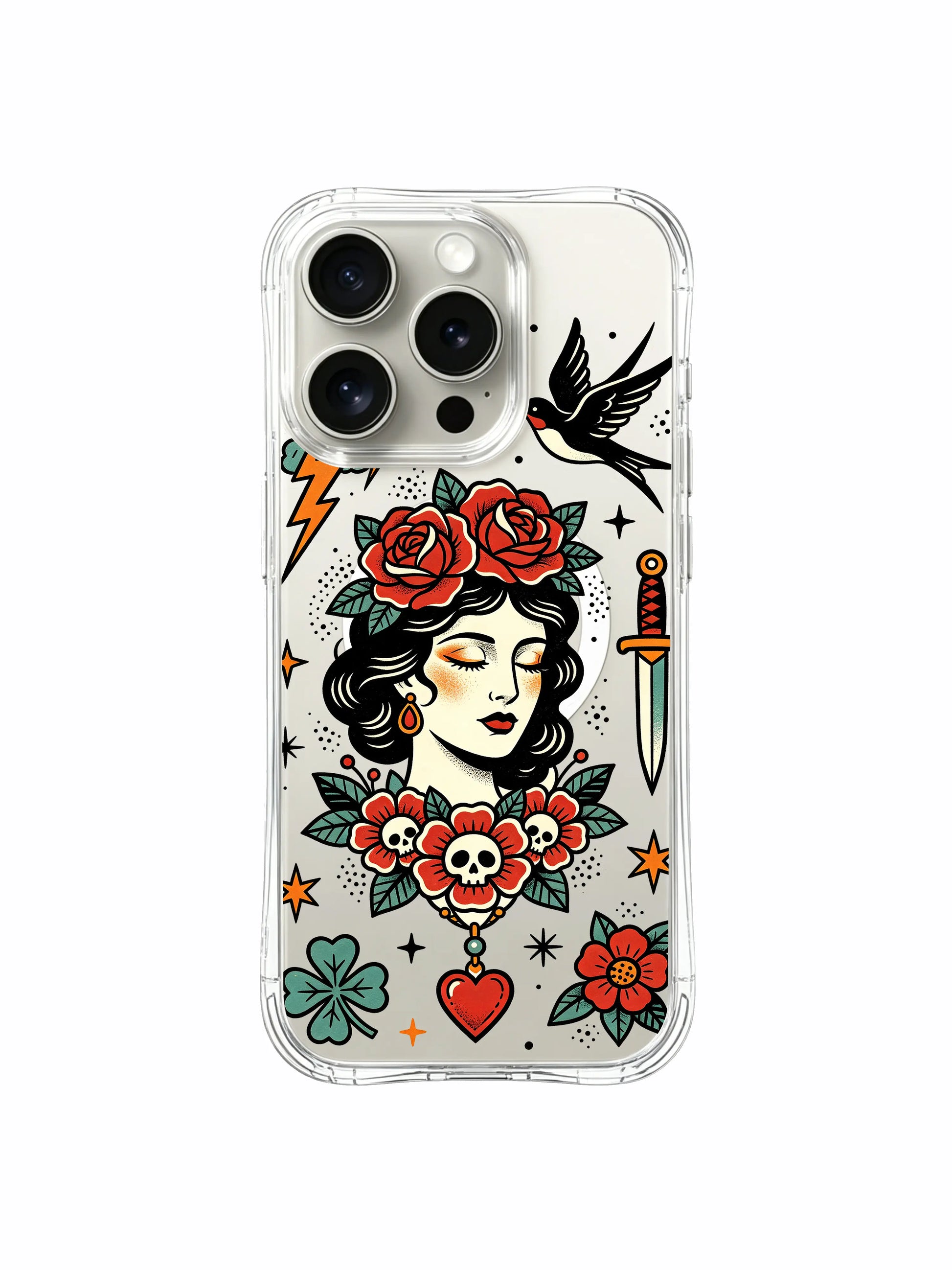 PhoneCasing iPhone 15 pro Case symmetrical shamrock layout, middle positioned serene storm lady and balanced mixed star + red rose arrangement, gift-ready luxury transparent iPhone 15 pro casing.