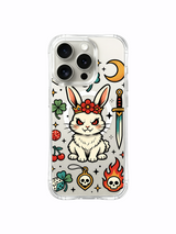 PhoneCasing iPhone 15 pro Case symmetrical shamrock layout, middle positioned flower-crown rebel rabbit and balanced mixed star + cherry arrangement, gift-ready luxury transparent iPhone 15 pro casing.