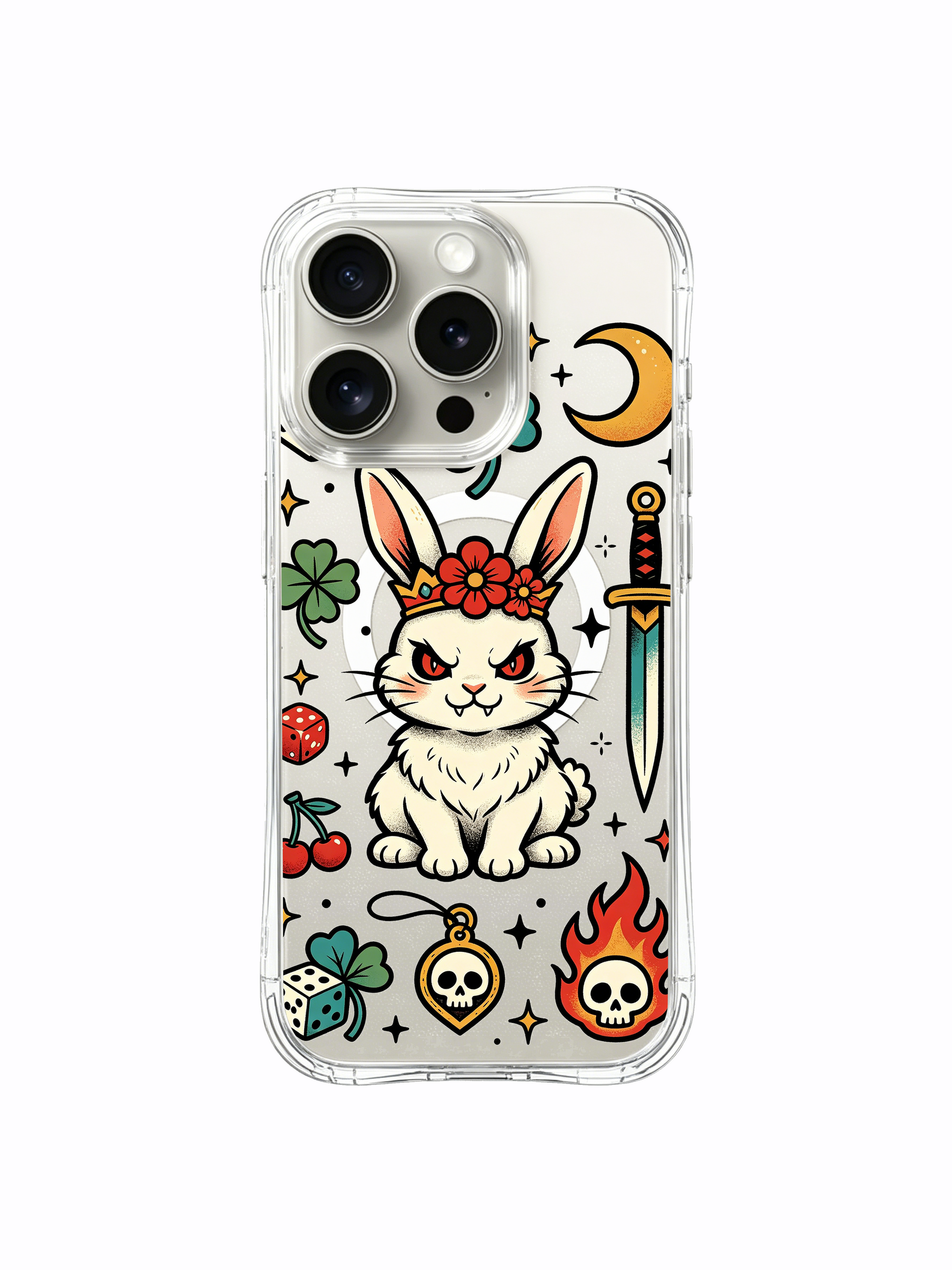 PhoneCasing iPhone 15 pro Case symmetrical shamrock layout, middle positioned flower-crown rebel rabbit and balanced mixed star + cherry arrangement, gift-ready luxury transparent iPhone 15 pro casing.