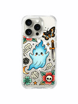 Centered sparkling wisp with symmetric clovers and stars artwork on an iPhone 15 Pro case