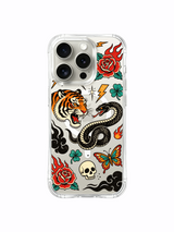 Centered tiger and serpent with symmetric clovers and lightning artwork on an iPhone 15 Pro case