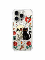 Skull and cat with two candles and floral arrangement artwork on an iPhone 15 Pro case