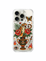 PhoneCasing iPhone 15 pro Case symmetrical two-dagger layout, sparse scattered star accents, blooming rose cluster and vase-encased tiger, gift-ready luxury transparent iPhone 15 pro casing.