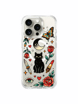 Black cat with two daggers, roses and stars artwork on an iPhone 15 Pro case