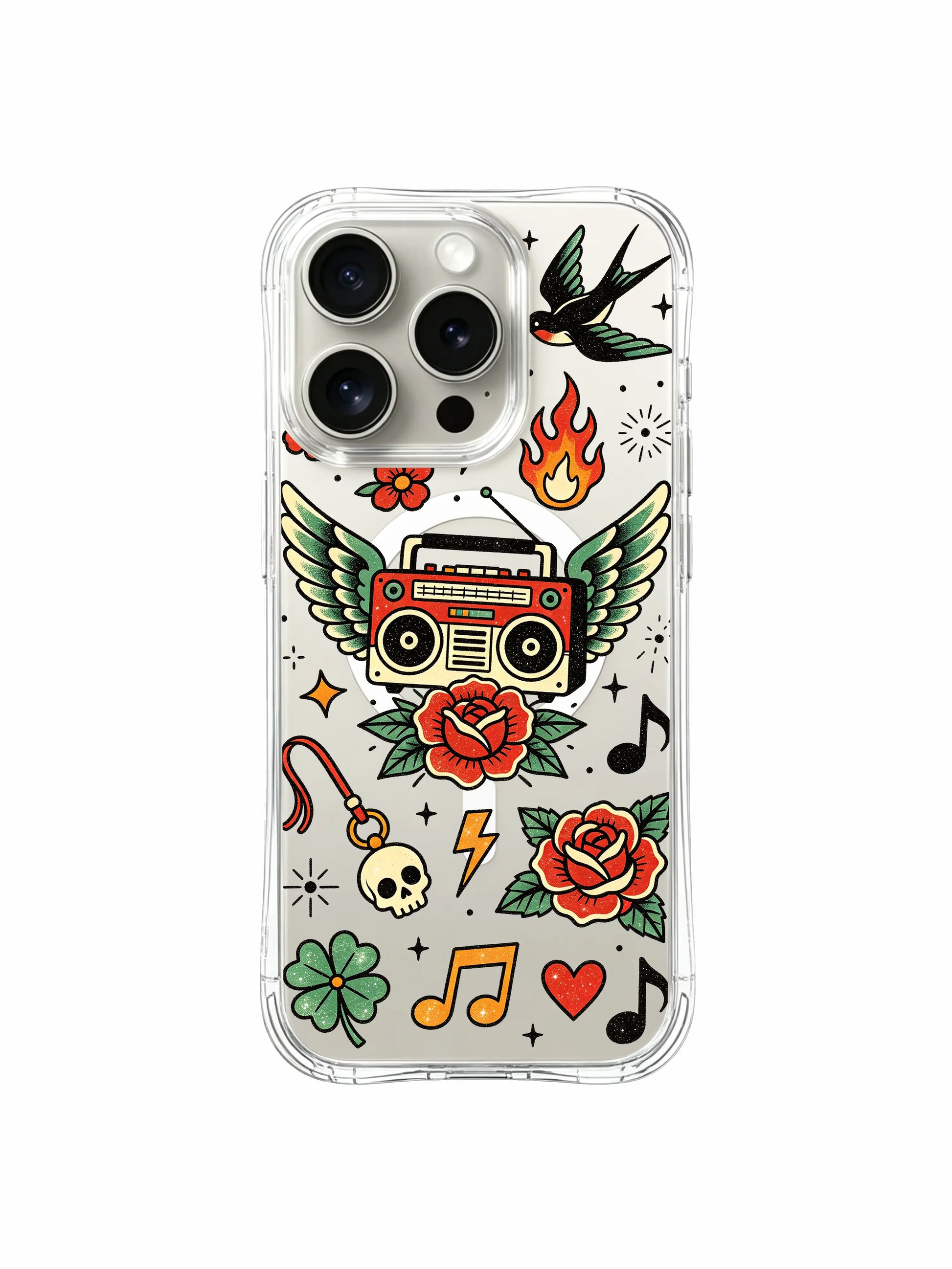 PhoneCasing iPhone 15 pro Case symmetrical two-swallow layout, sparse scattered star accents, blooming rose cluster and wing guardian boombox, gift-ready luxury transparent iPhone 15 pro casing.