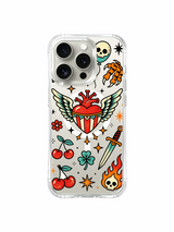 PhoneCasing iPhone 15 pro Case symmetrical flower layout, middle positioned wandering winged heart and balanced mixed star + cherry arrangement, gift-ready luxury transparent iPhone 15 pro casing.