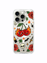 PhoneCasing iPhone 15 pro Case balanced symmetrical flower layout, core wrapped fiery cherries and evenly spaced dice & candle details, gift-ready luxury transparent iPhone 15 pro casing.