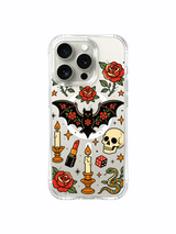 Floral bat with petals, dice and candle artwork on an iPhone 15 Pro case
