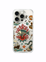 PhoneCasing iPhone 15 pro Case symmetrical seashell layout, middle positioned coral wrapped skull fish and balanced mixed starfish + antique key arrangement, gift-ready luxury transparent iPhone 15 pro casing.