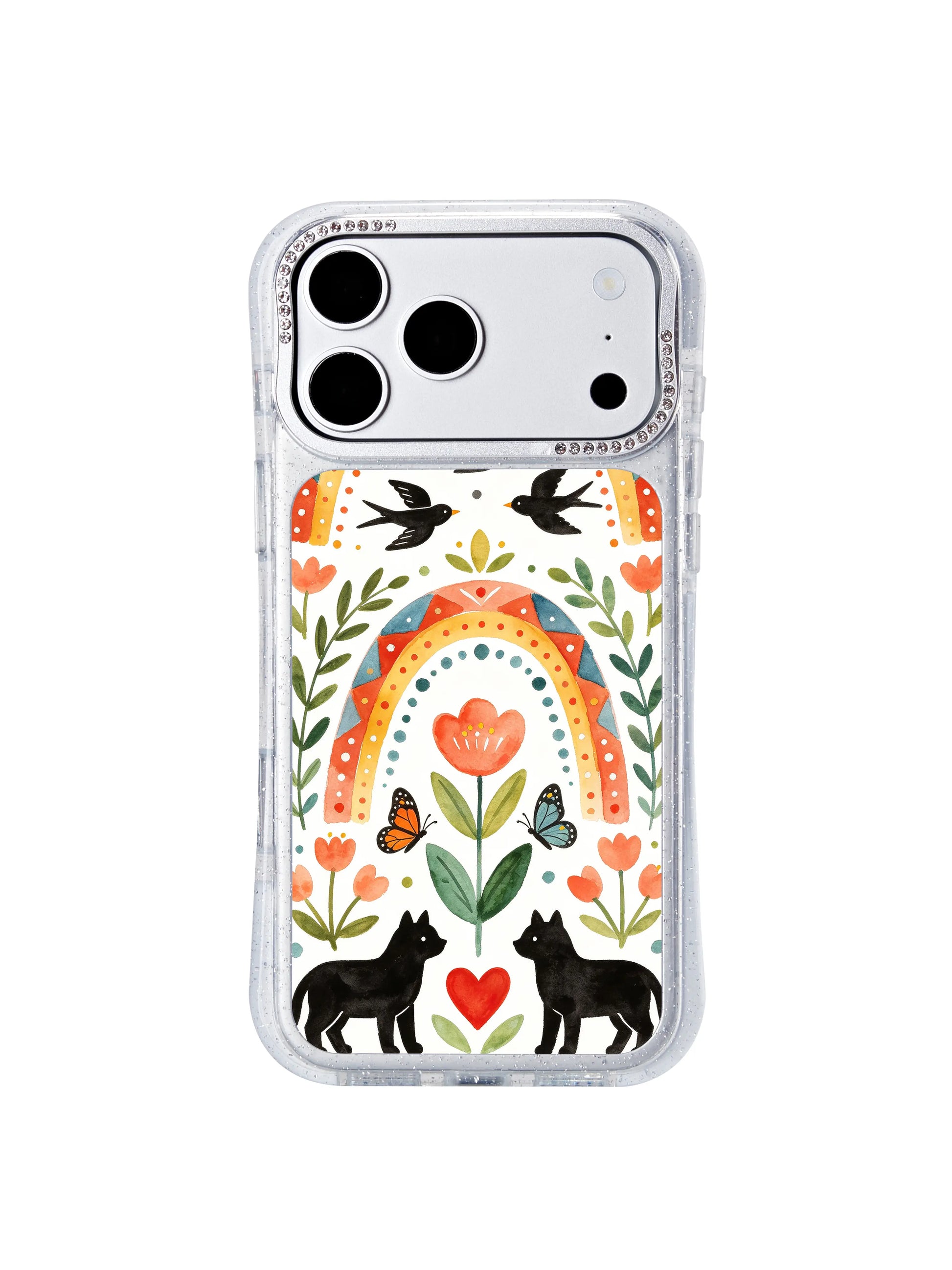 PhoneCasing limited artist-run edition iphone 17 pro Max case, symmetrical rainbow arch garden illustration with songbirds, butterflies and companion animals for cottagecore style lovers.