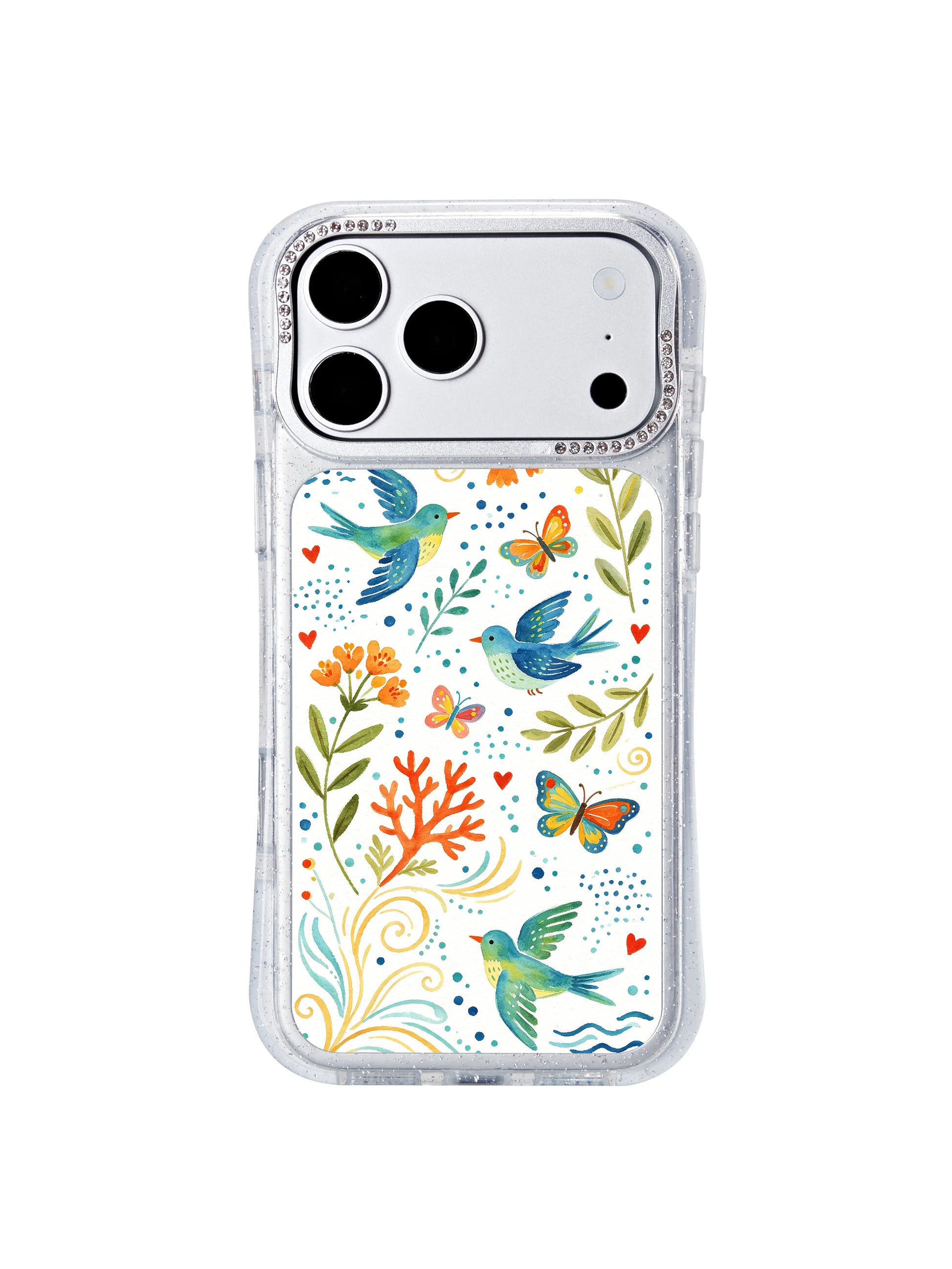 PhoneCasing wearable fine art iphone 17 pro Max case, balanced symmetrical green foliage framing ocean wave dots, flying songbirds and butterflies from Aurelia Finch’s coastal collection.