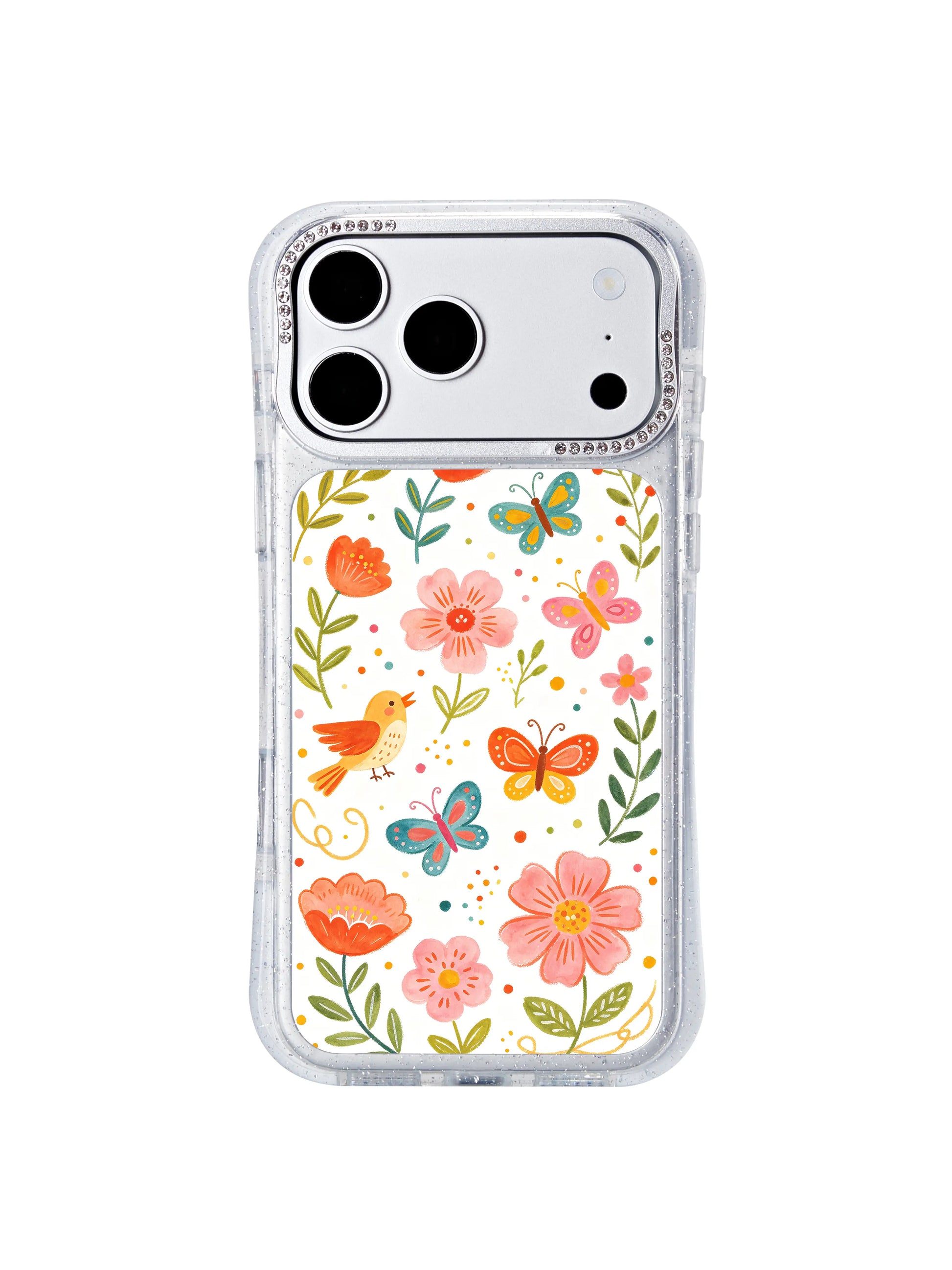 PhoneCasing wearable fine art iphone 17 pro Max case, balanced symmetrical green foliage framing colorful confetti dots, singing birds and vibrant butterflies from Aurelia Finch’s celebration garden collection.
