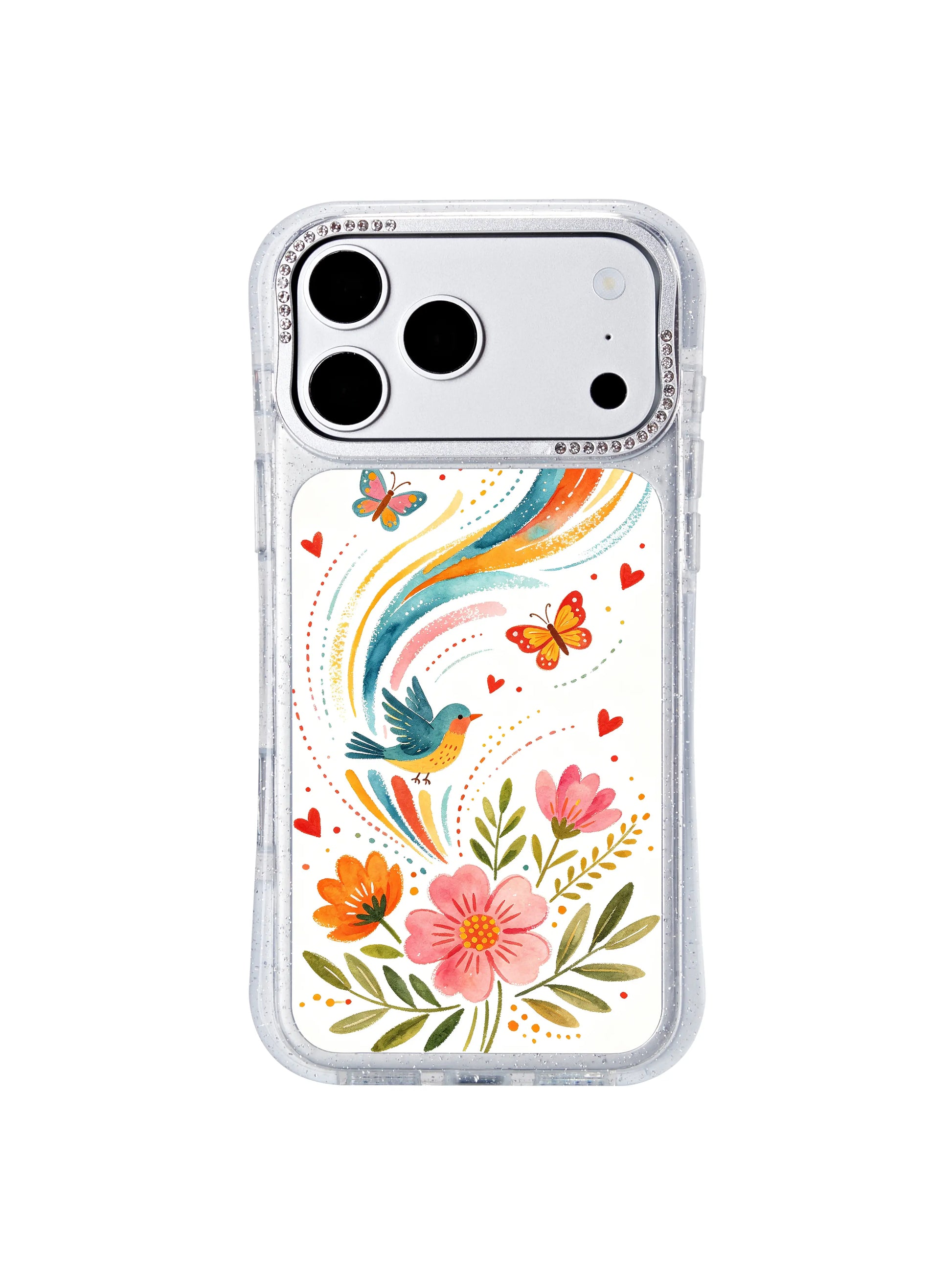 PhoneCasing premium wearable fine art iphone 17 pro Max case, balanced symmetrical foliage framing rainbow spirals, butterflies and songbirds from Aurelia Finch’s curated collection.
