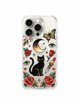 Moon cat with tall leaves, roses and lipstick dagger artwork on an iPhone 15 Pro case