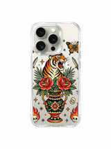 PhoneCasing iPhone 15 pro Case extra tall palm foliage, double full roses, small bottom skulls and flame graphics, anti-fingerprint glossy finish protective iPhone 15 pro casing.