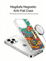 Purple amanita and rainbow hills artwork on an iPhone 16 Pro Max case