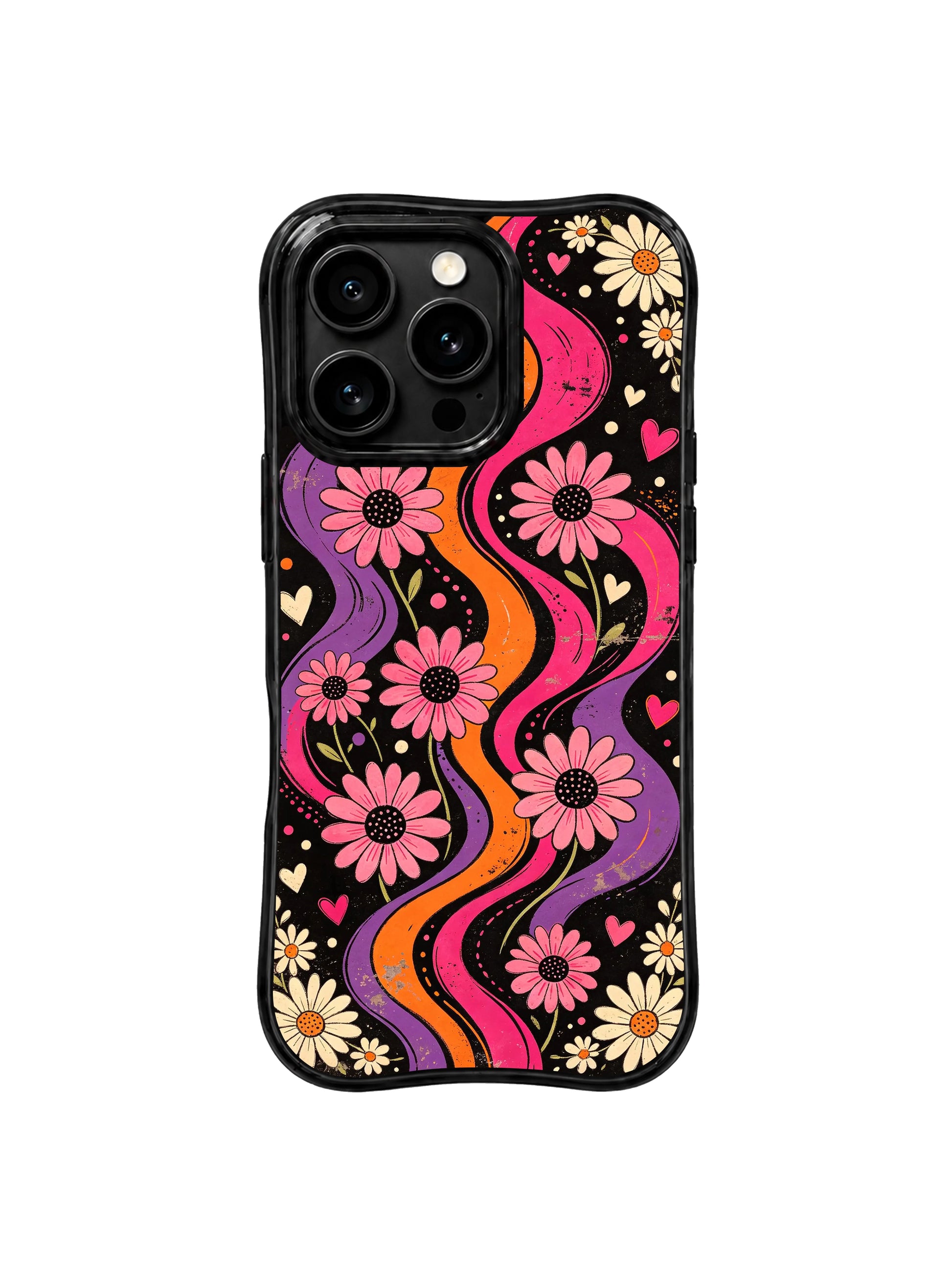 PhoneCasing iPhone 16 pro Case with tender imperfect organic hand-drawn outlines around floating daisy petals, Ruby Daze handmade vintage psychedelic art, gallery-grade wavy print casing.