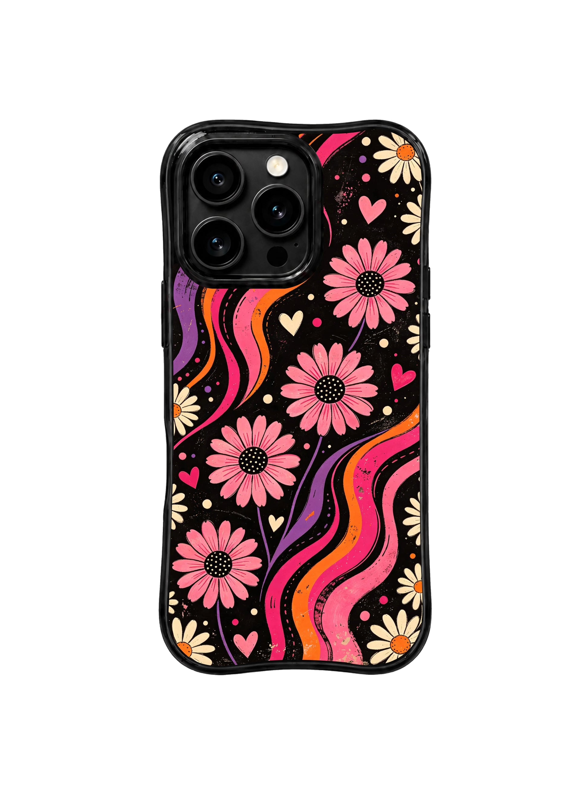 PhoneCasing iPhone 16 pro Case featuring soft floating blush & cream daisies lifted on dark vintage field from Ruby Daze Tangerine Love Field, wavy black frame premium art casing for iPhone 16 pro.